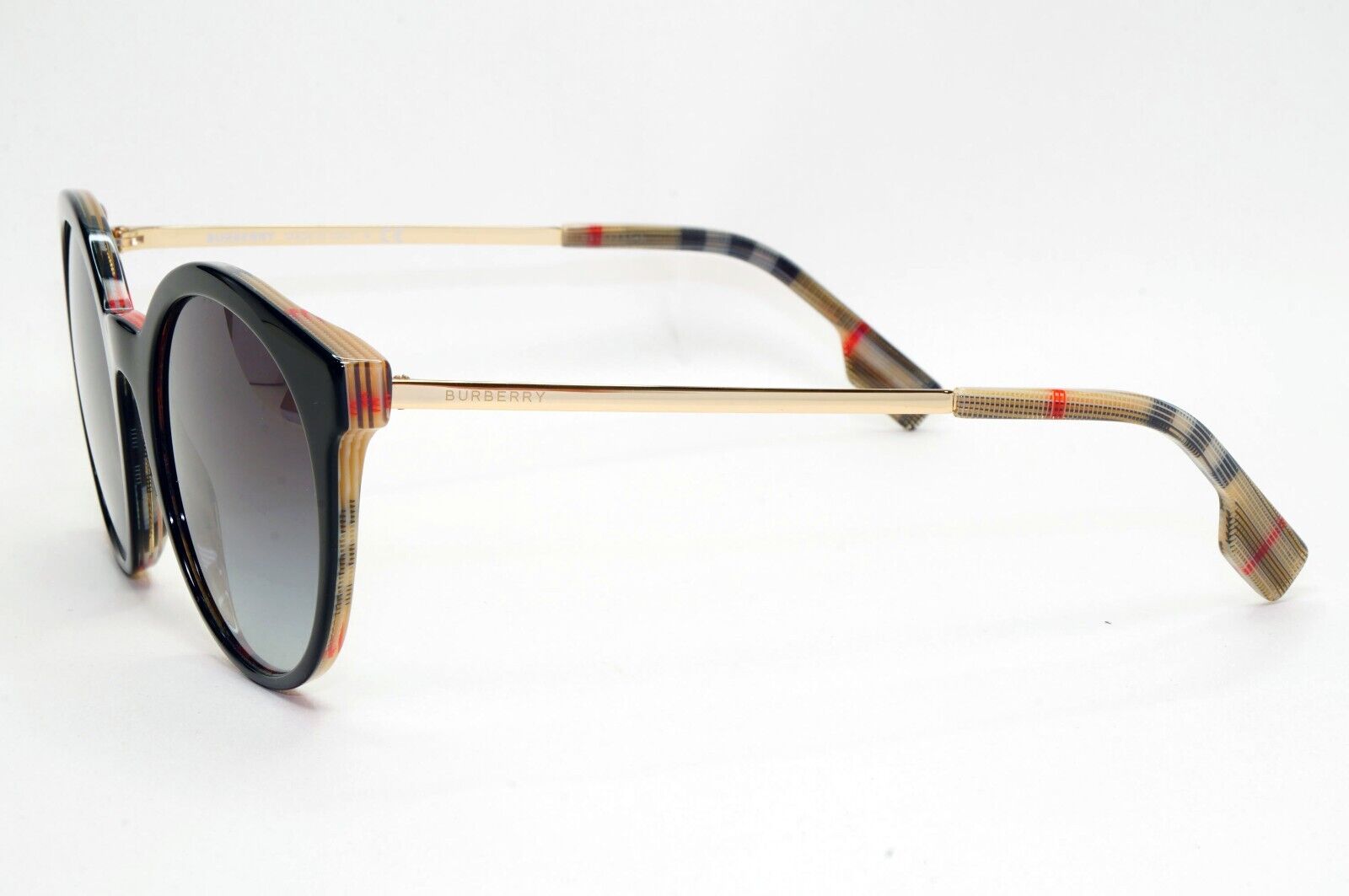 Burberry Sunglasses Black Gold Grey Gradient Round Plaid Check BE 4296 3806/8G