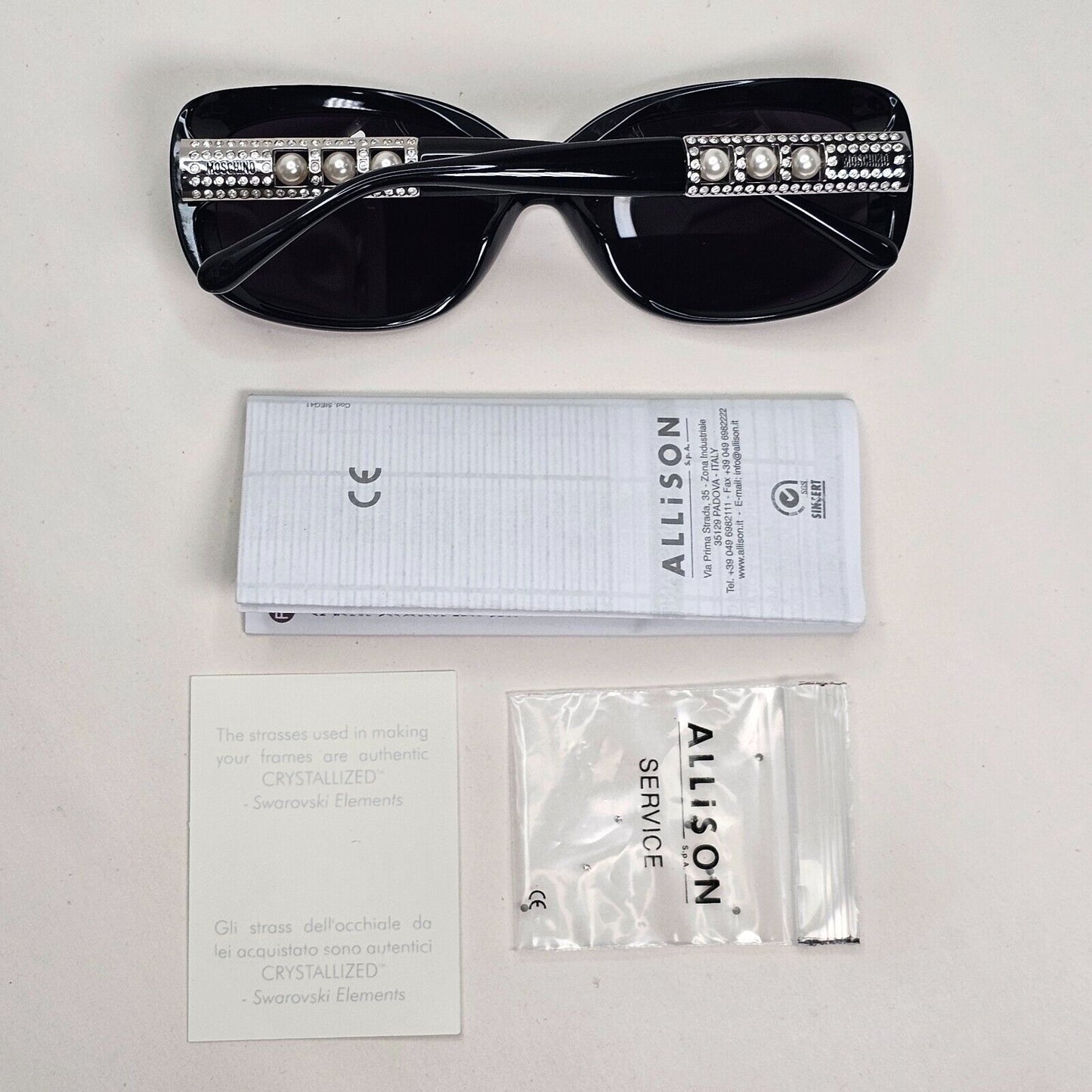Moschino Sunglasses 2005 Vintage Black Silver Pearl Square MO572 01 101124
