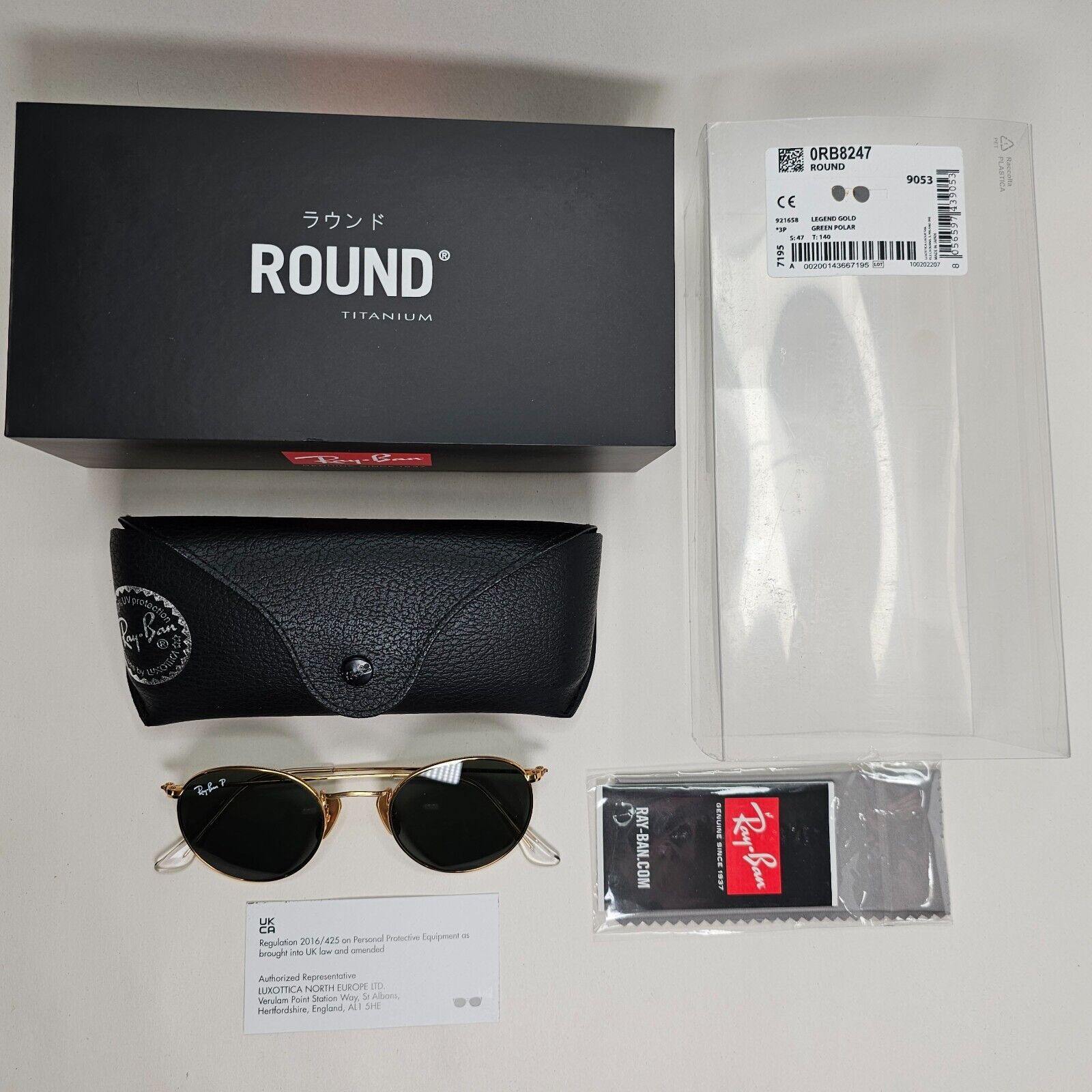 Ray-Ban Sunglasses Round Titanium Polarised Gold Green RB 8247 9216/58 47mm