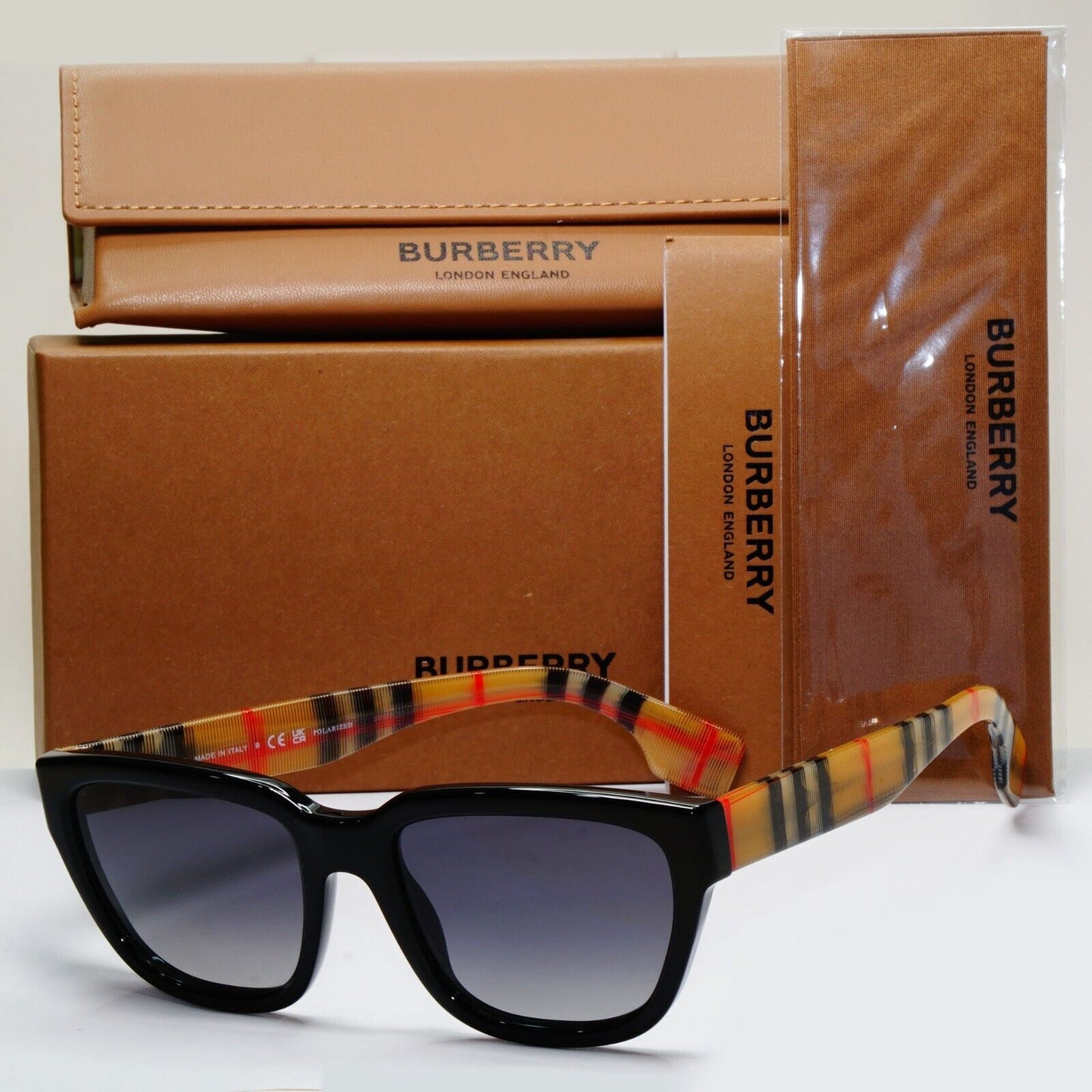 Burberry Sunglasses Polarised Plaid Black Brown Square Mammoth B 4277 3757/T3