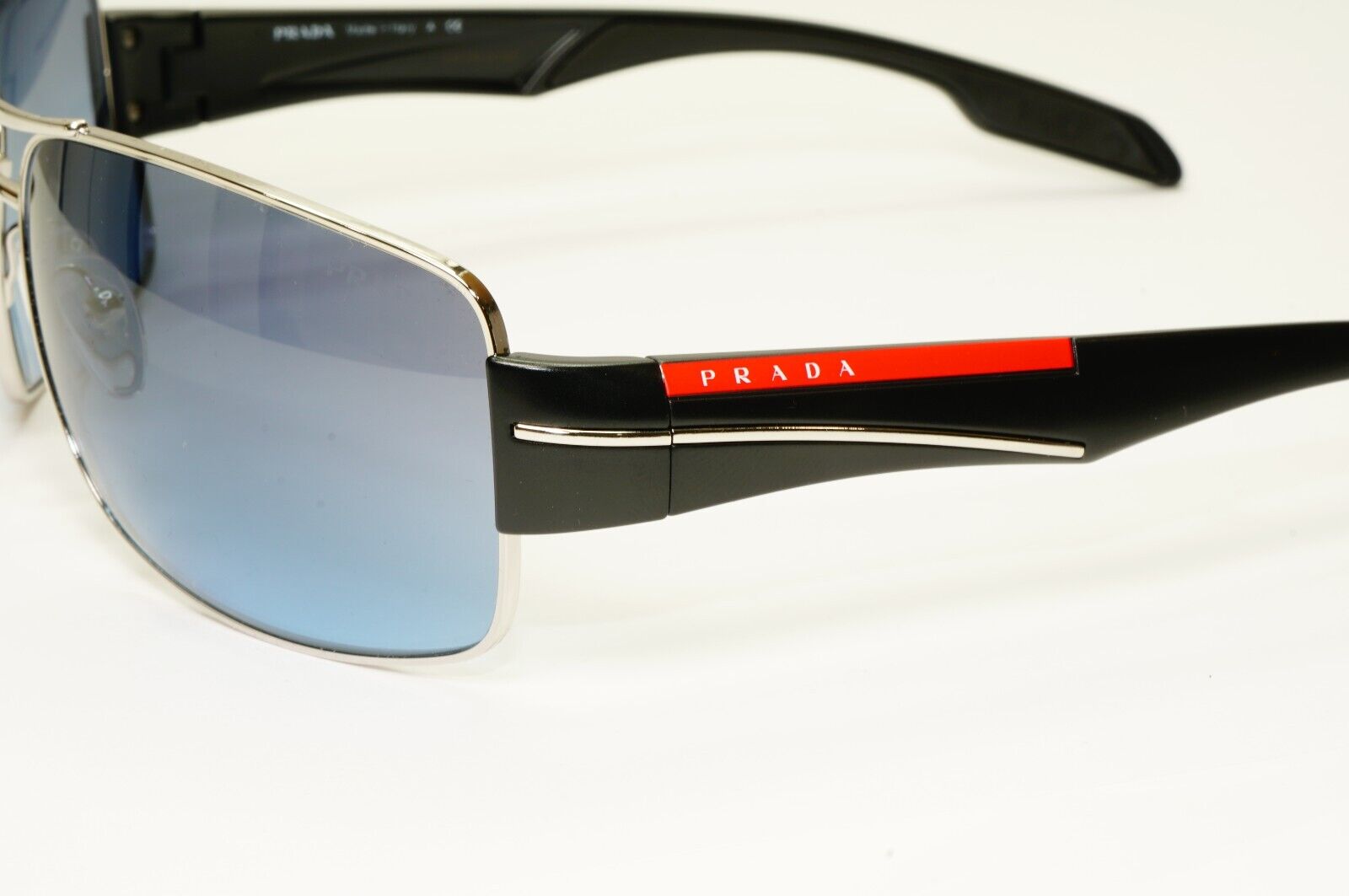Prada Blue Black Sunglasses Silver Metal Gradient SPS 53N 1BC-5I1 Red Stripe