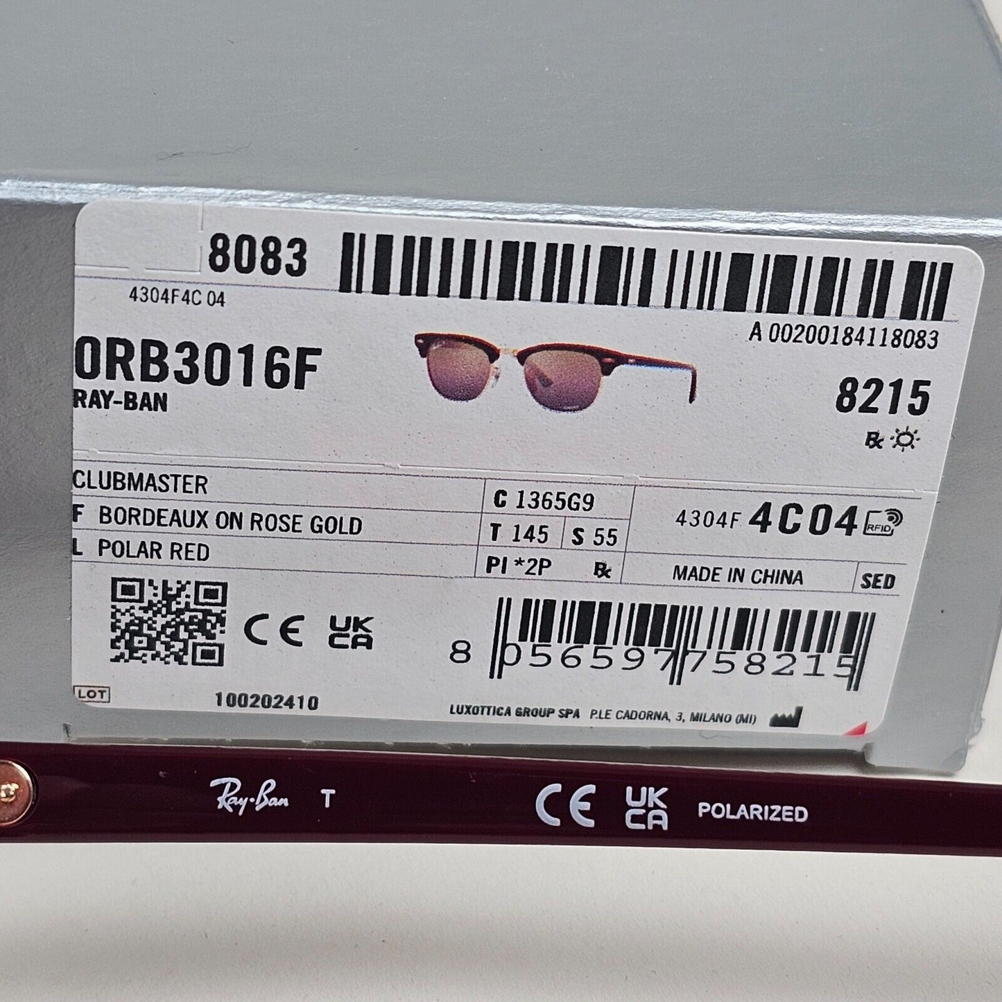 Ray-Ban Sunglasses Clubmaster Chromance Polarized Red Bordeaux RB 3016F 1365/G9