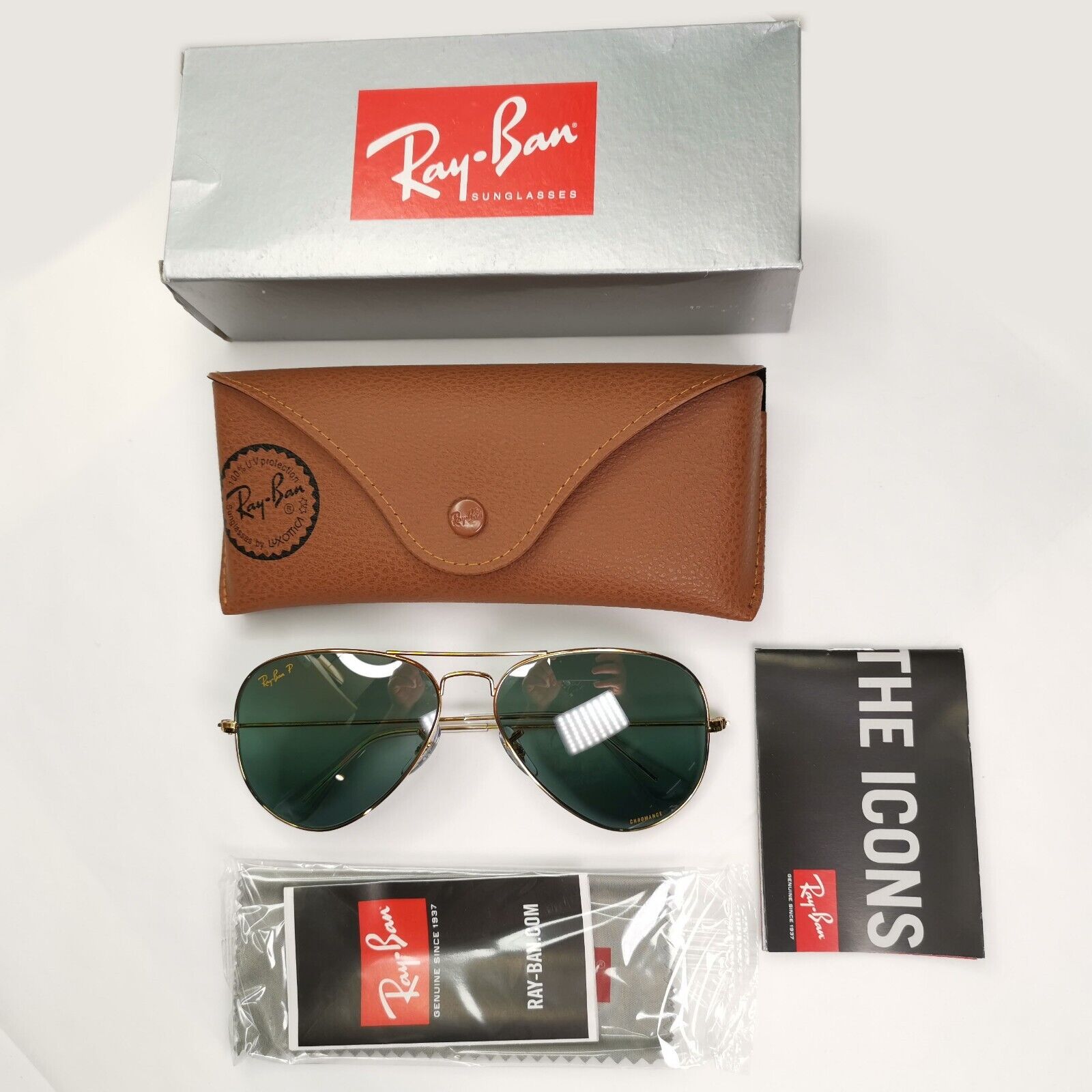 Ray-Ban Sunglasses Aviator Polarised Chromance Gold Green RB 3025 9196/G6 58mm