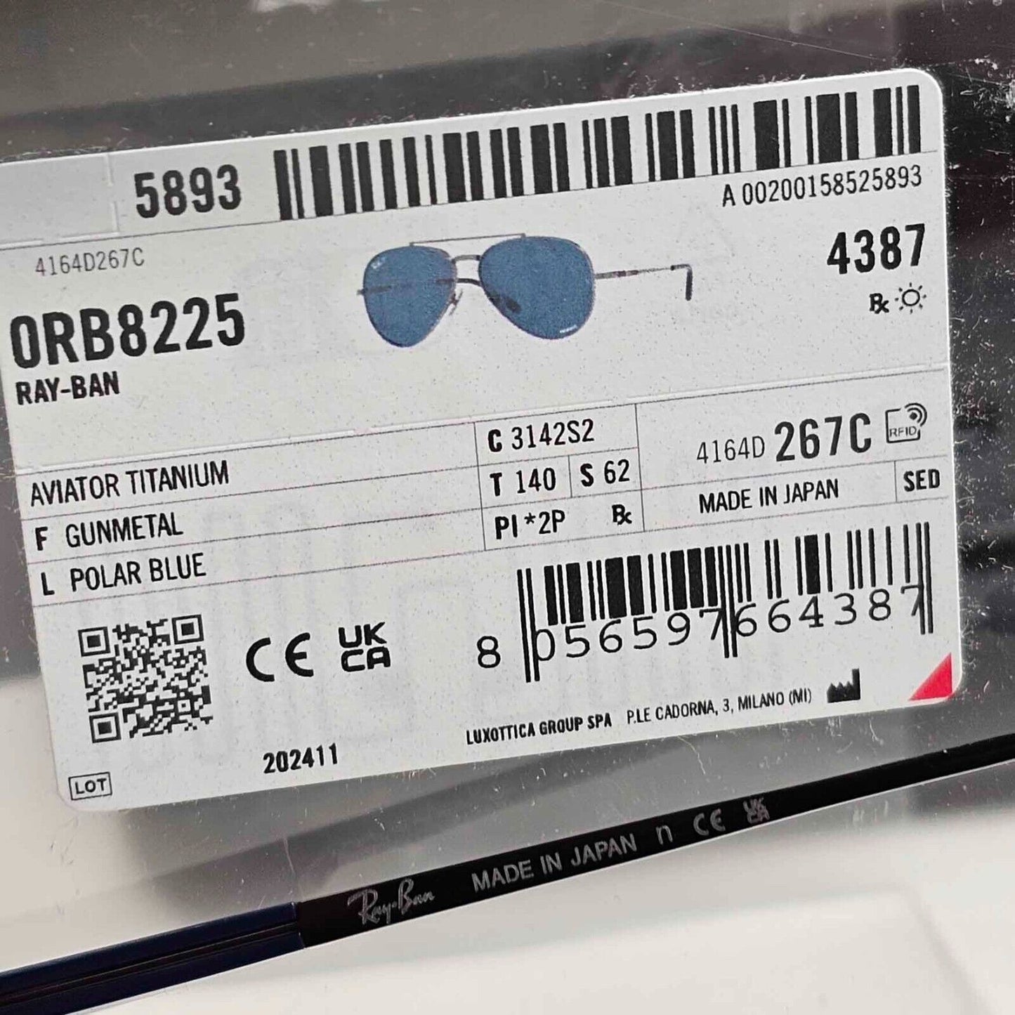 Ray-Ban Sunglasses Aviator Titanium Polarised Gunmetal Blue RB 8225 3142/S2 62mm