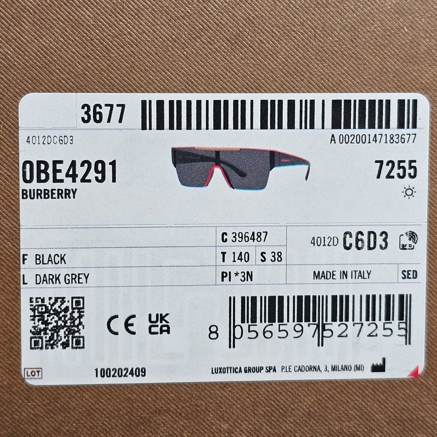 Burberry Sunglasses Black Shield Visor Dark Grey Square BE 4291 3964/87