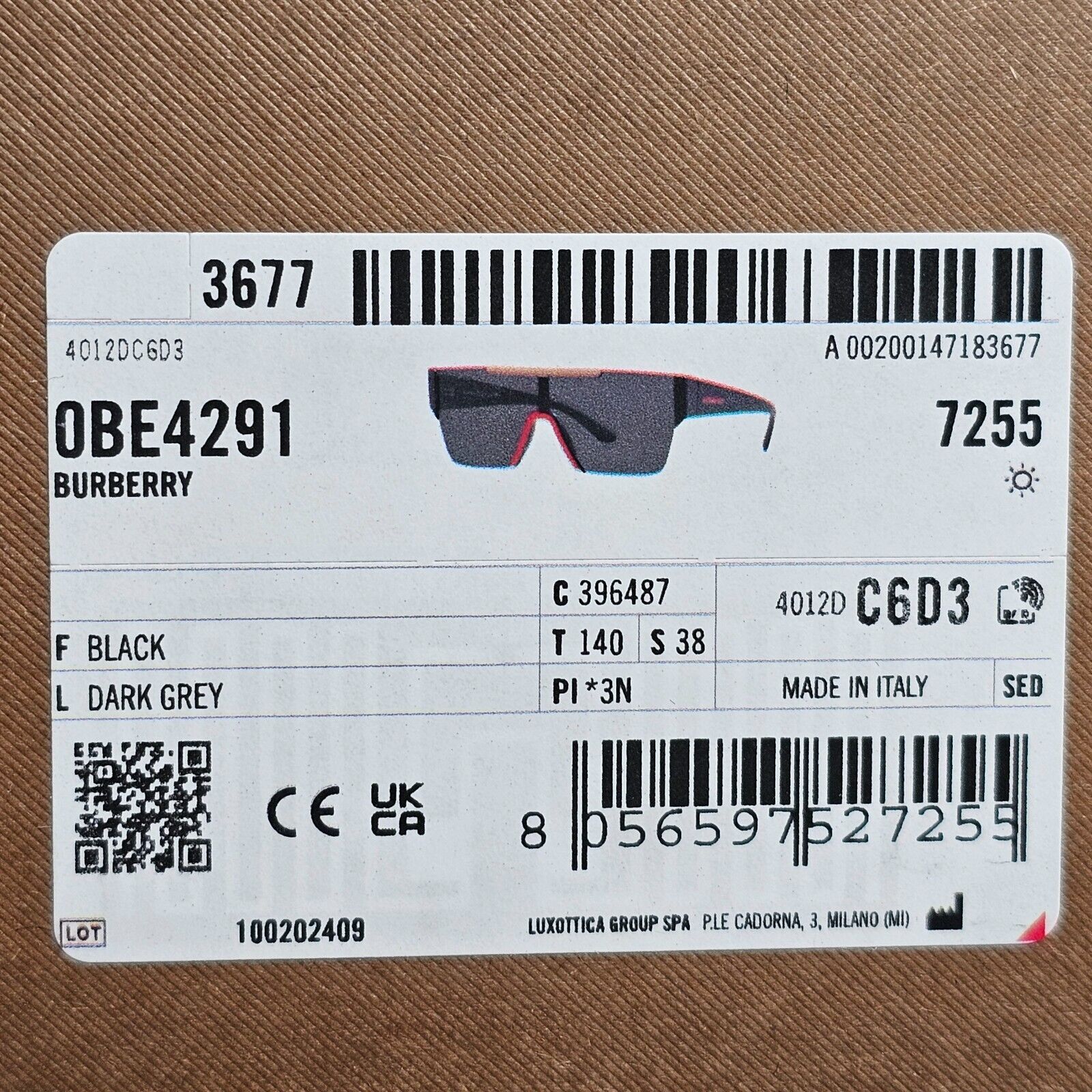 Burberry Sunglasses Black Shield Visor Dark Grey Square BE 4291 3964/87