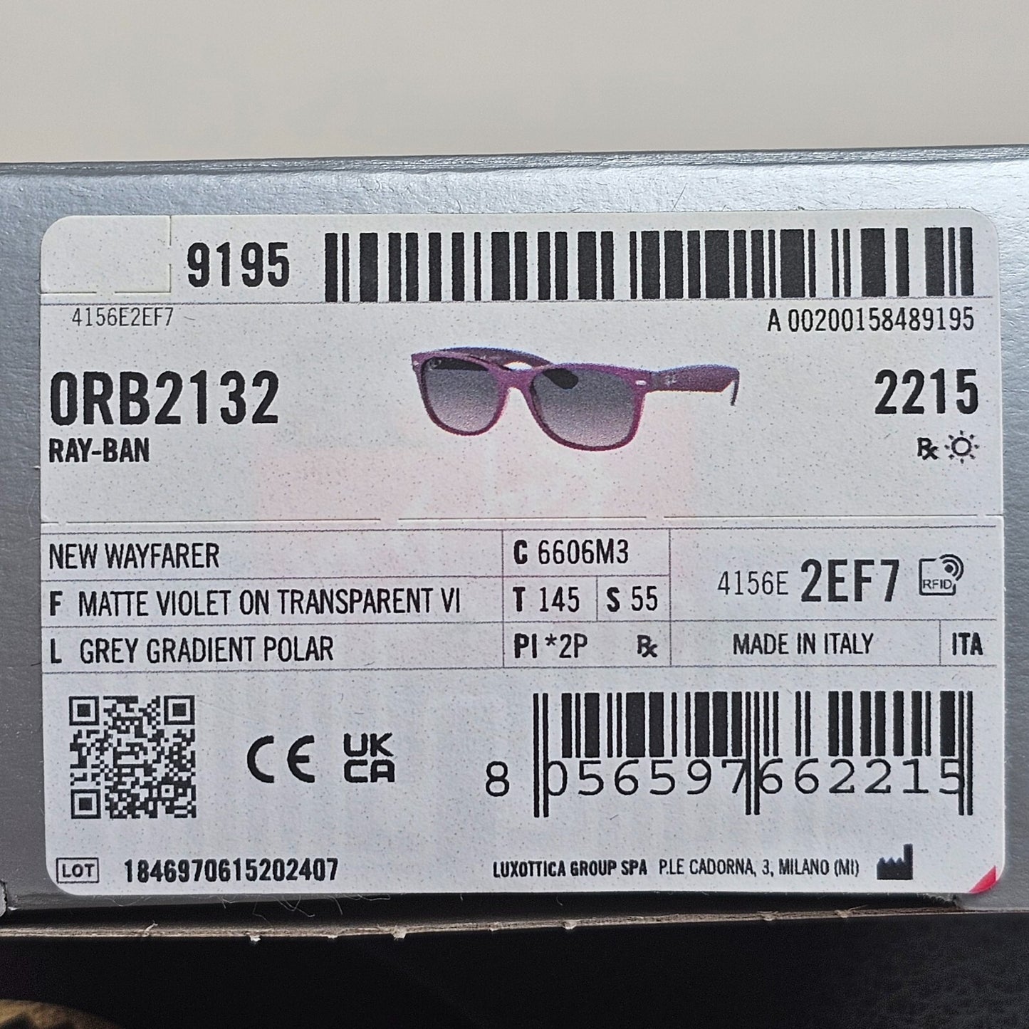 Ray-Ban Sunglasses Polarised New Wayfarer Grey Violet RB 2132 6606/M3 55mm
