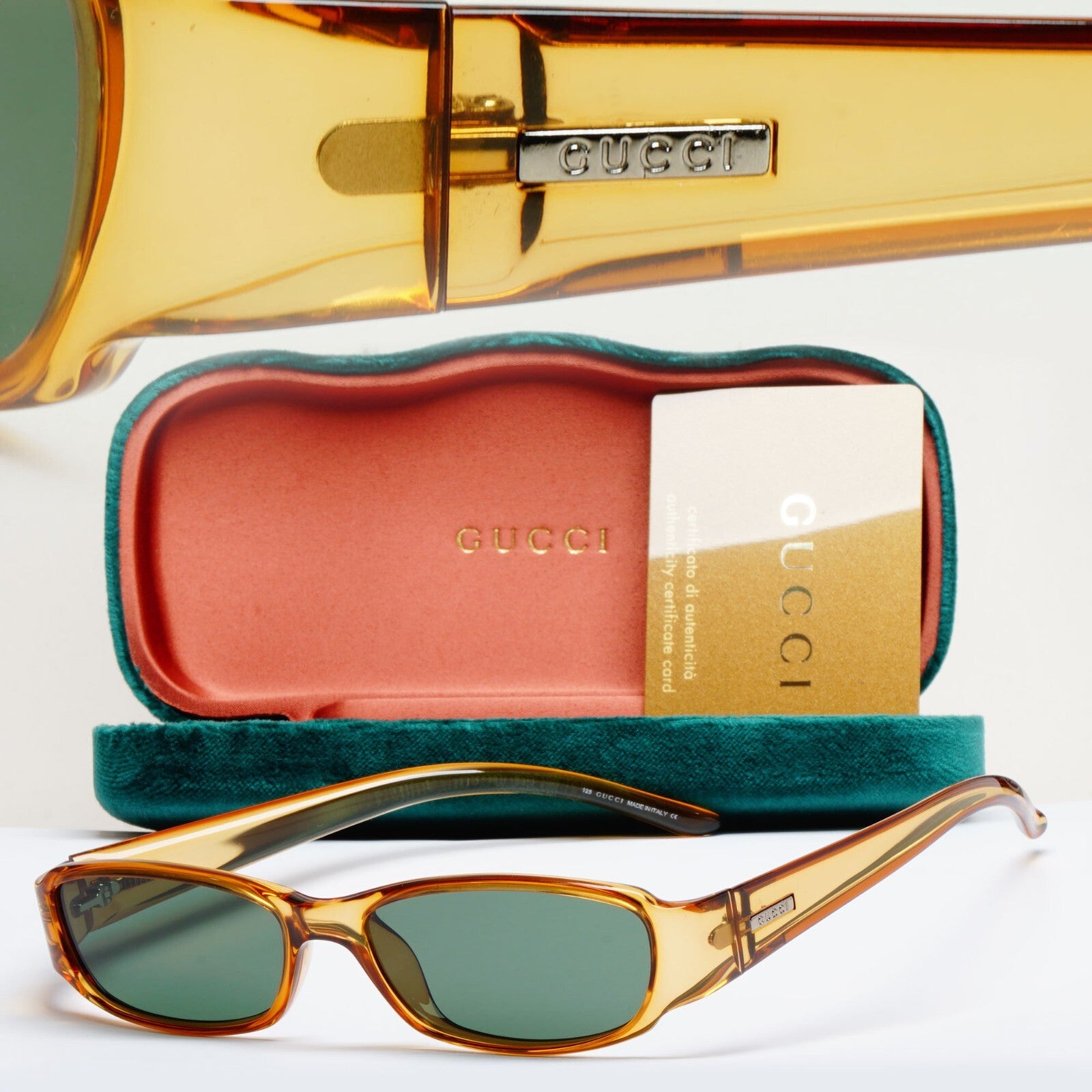 Gucci Sunglasses 2002 Vintage Honey Transparent Green Rectangle GG 2499 K98 52mm