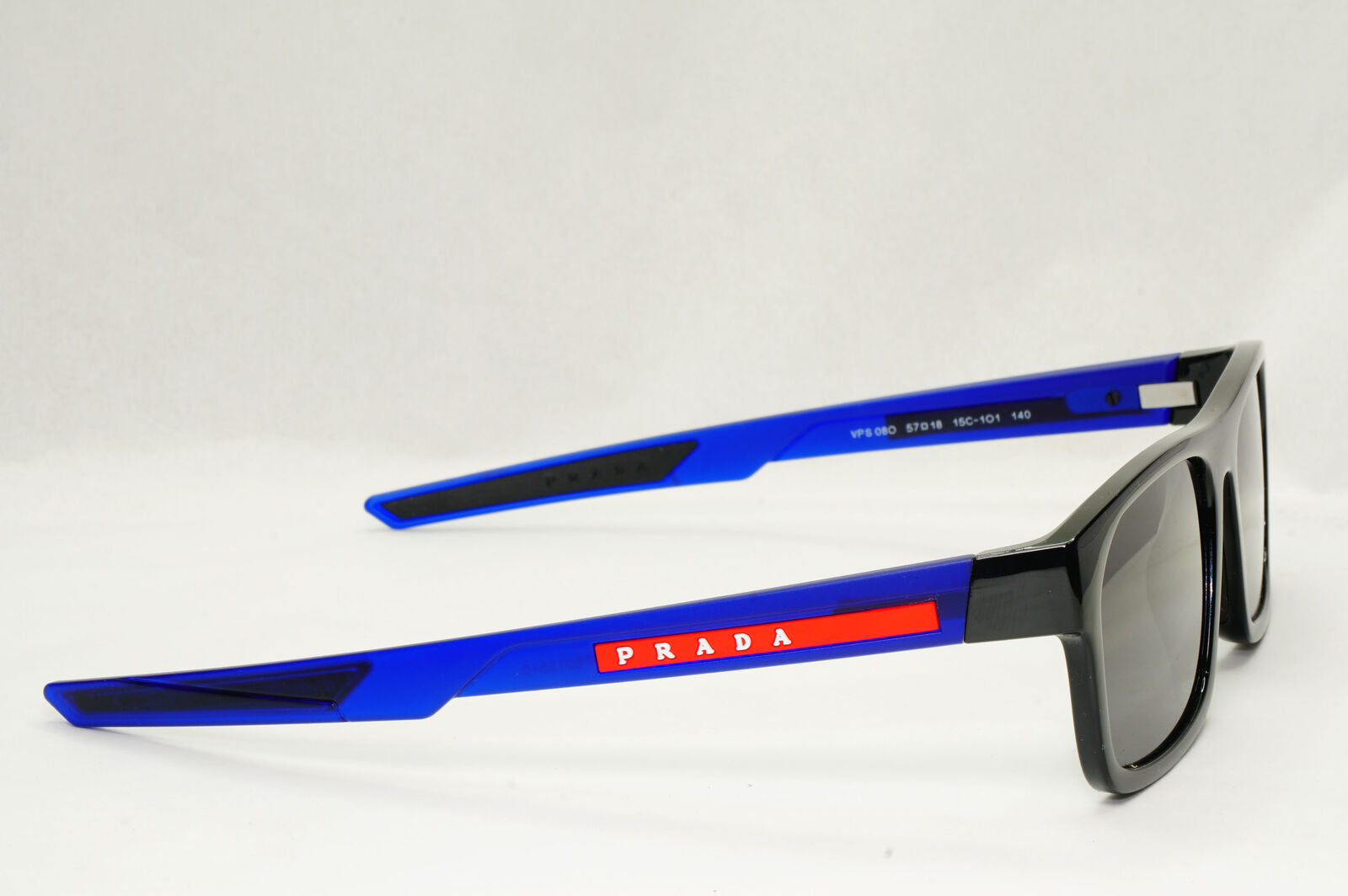 Prada Sunglasses Black Blue Square Red Stripe PS08OV VPS 08O 15C-1O1 57mm