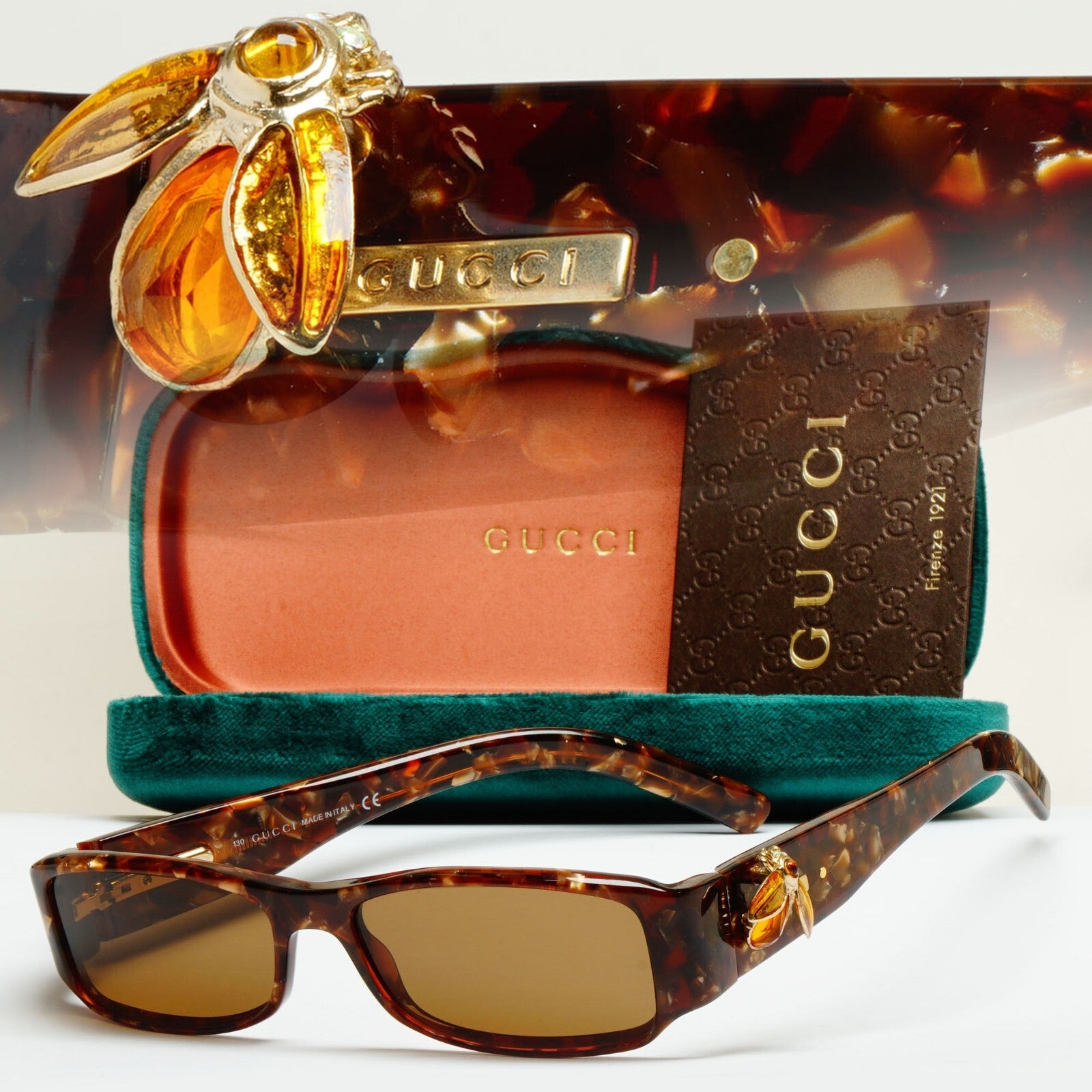 Gucci Sunglasses 2004 Vintage Gold Bee Brown Havana Rectangle GG 2904 EGQ 52mm A