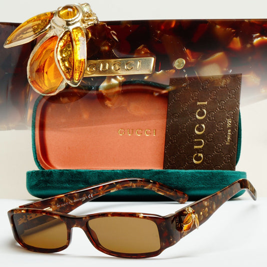 Gucci Sunglasses 2004 Vintage Gold Bee Brown Havana Rectangle GG 2904 EGQ 52mm A