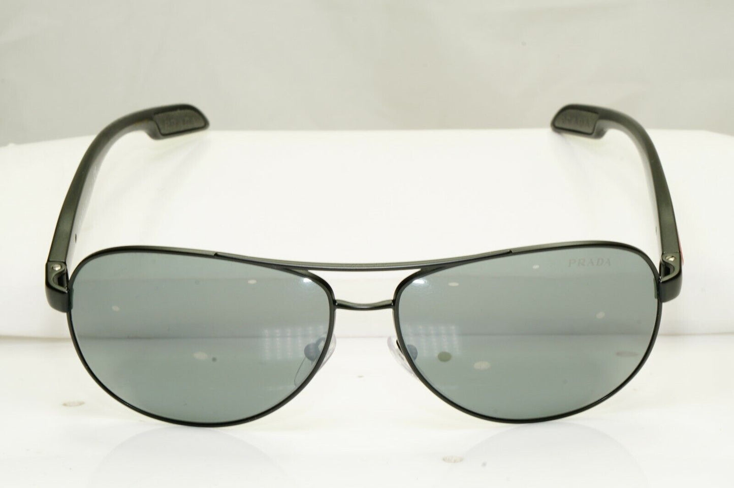 Prada Black Grey Mirror Pilot Sunglasses Mens SPS 53P 1BO-7W1 Red Stripe Sport