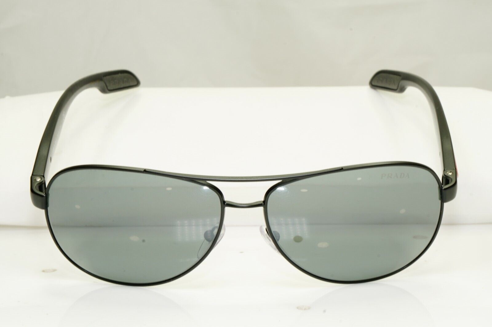 Prada Black Grey Mirror Pilot Sunglasses Mens SPS 53P 1BO-7W1 Red Stripe Sport