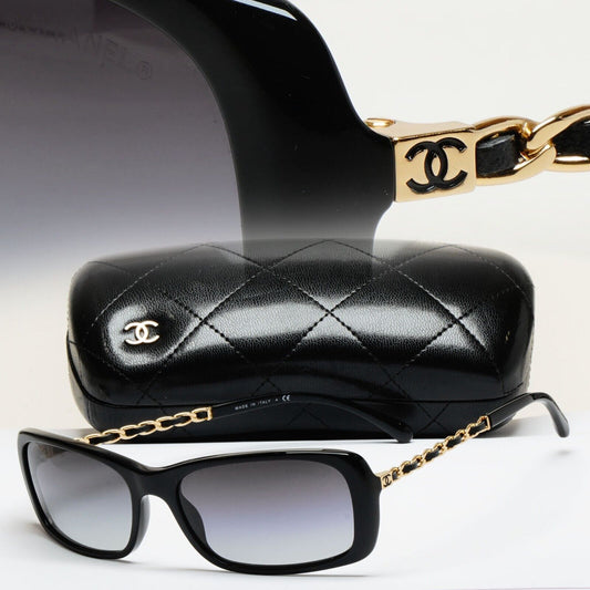 Chanel Sunglasses Black Gold Leather Chain Rectangle 5209-Q c.501/3C 050225