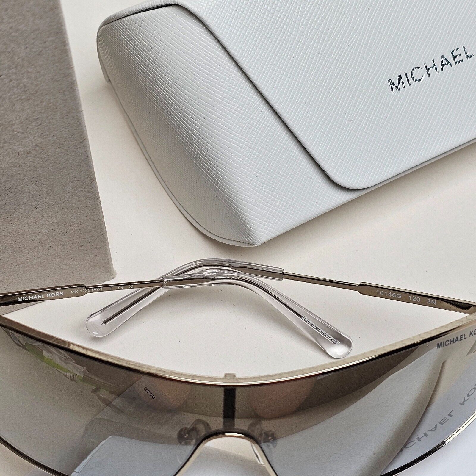 Michael Kors Sunglasses Light Gold Silver Mirror Shield Metal MK 1139 Aix 10146G