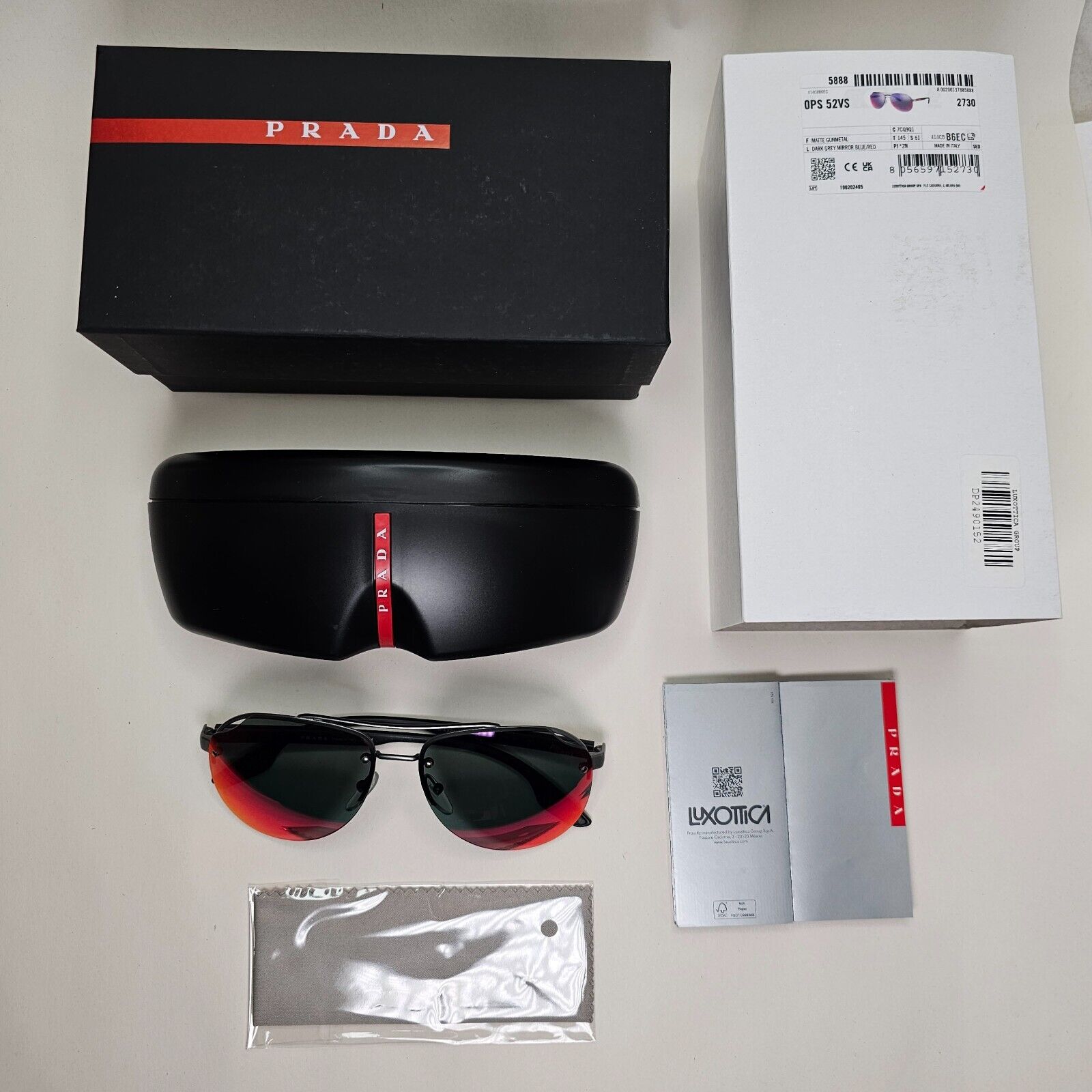 Prada Sunglasses Pilot Gunmetal Black Red Grey Mirror PS52VS SPS 52V 7CQ-9Q1
