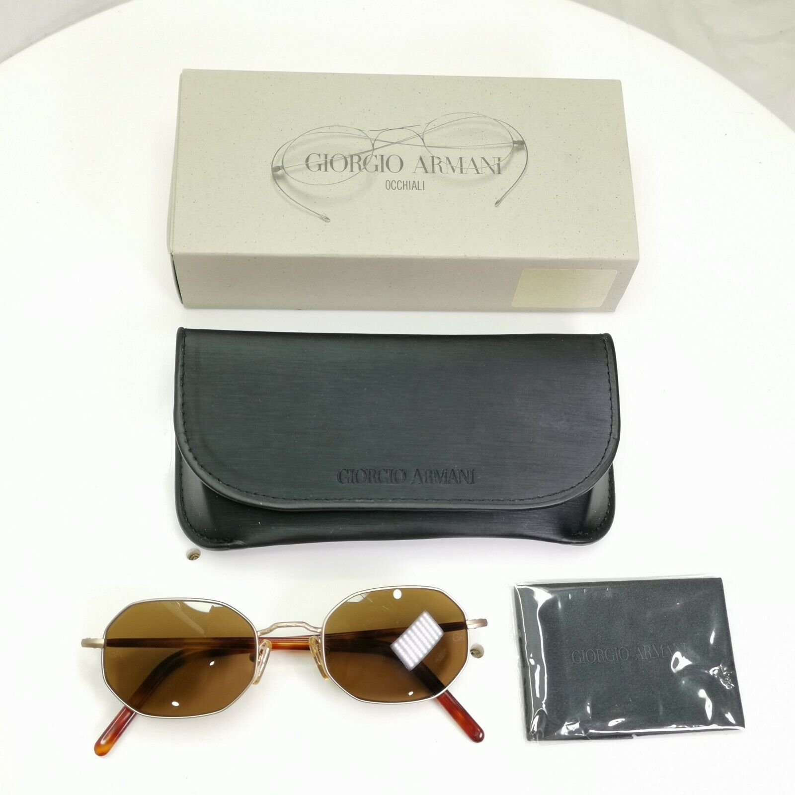 Giorgio Armani 1997 Vintage Sunglasses Gold Brown Octagon Glass Lens 664 904