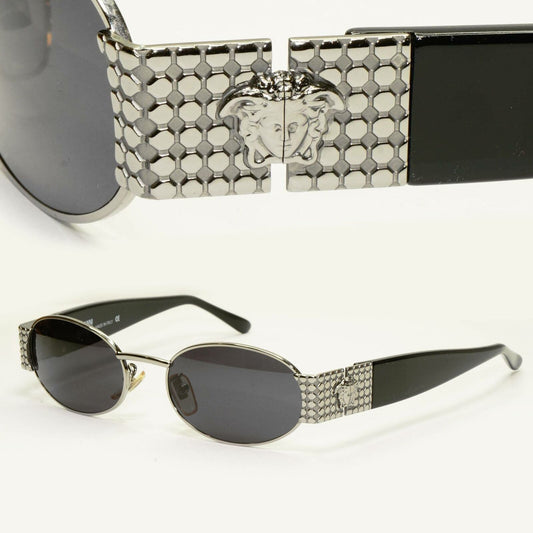 Gianni Versace 1996 Vintage Silver Medusa Black Oval Sunglasses MOD X38 COL 029