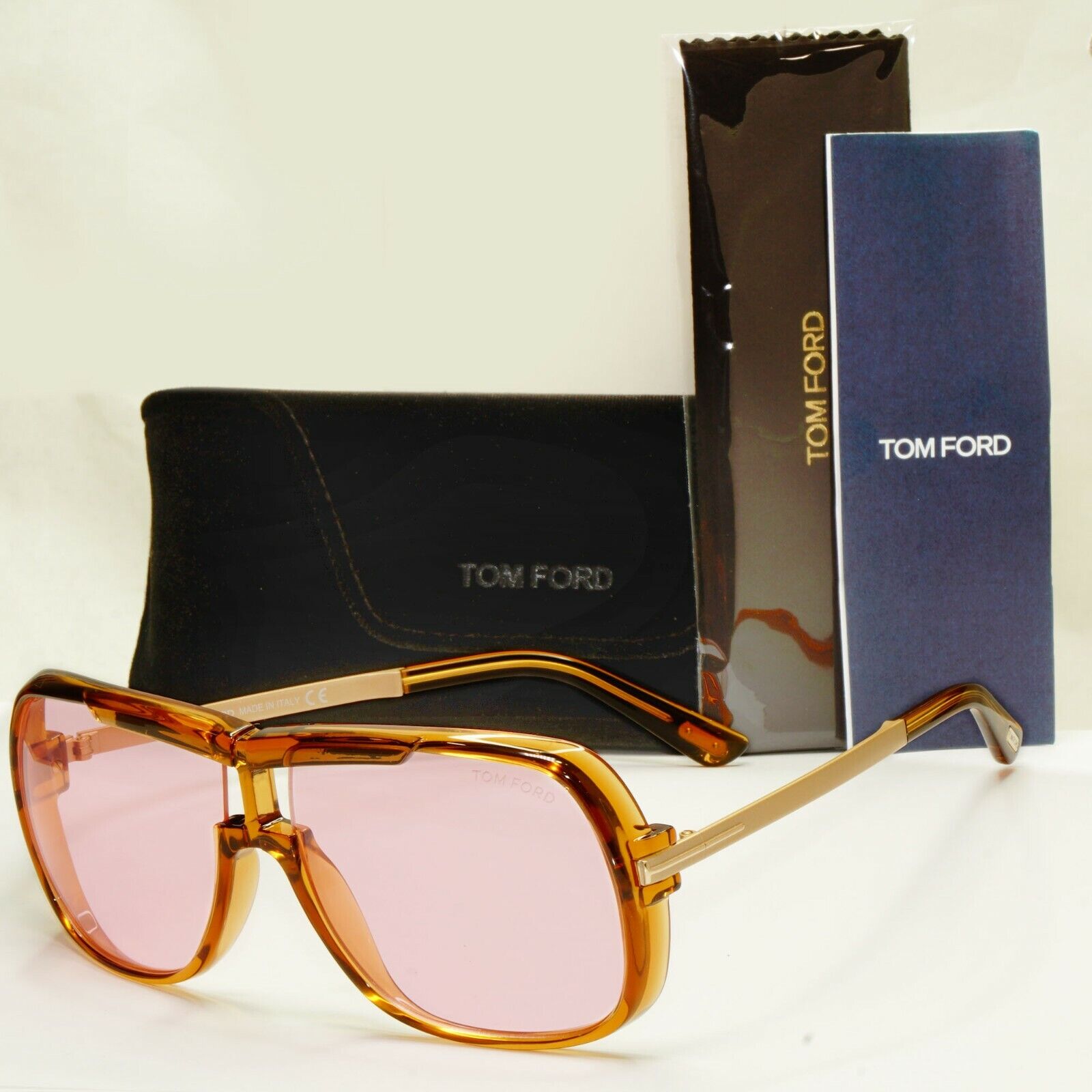 Tom Ford Pink Brown Sunglasses Gold Honey Square Mens Fashion Caine TF 800 45Y