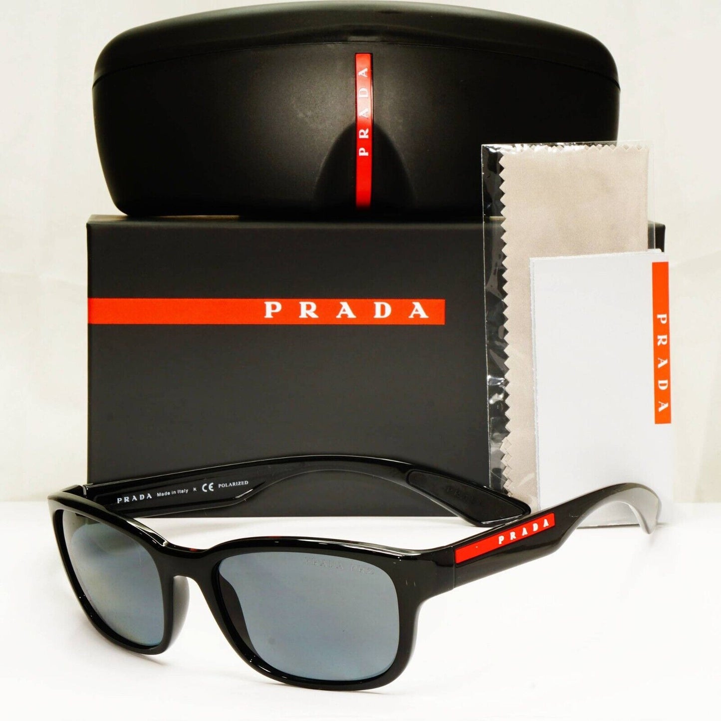 Prada Polarized Black Grey Sunglasses Square Mens Red Stripe SPS 05V 1AB-02G [A]