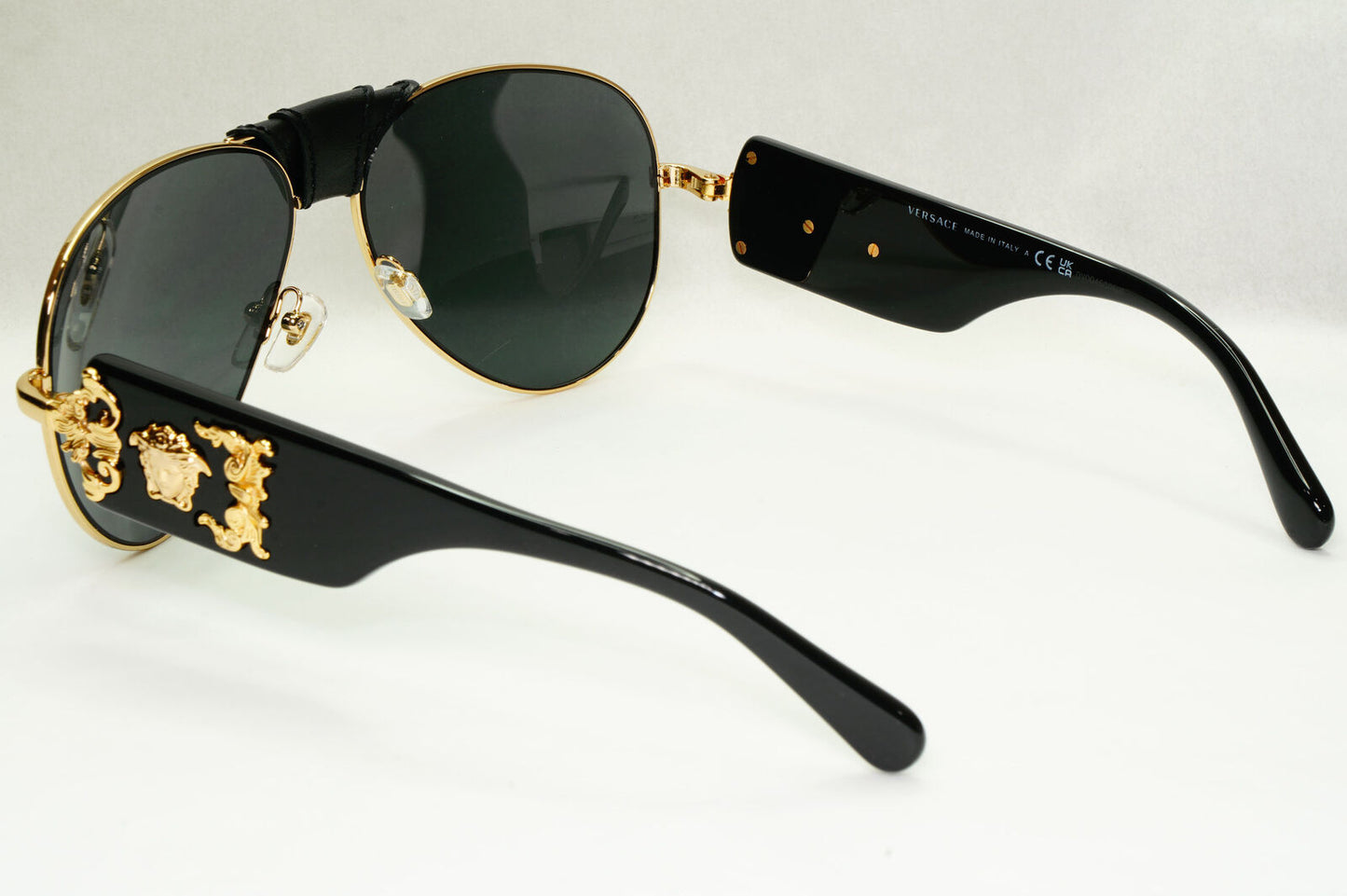 Versace Sunglasses Black Gold Pilot Medusa Leather Ornate MOD VE 2150-Q 1002/87