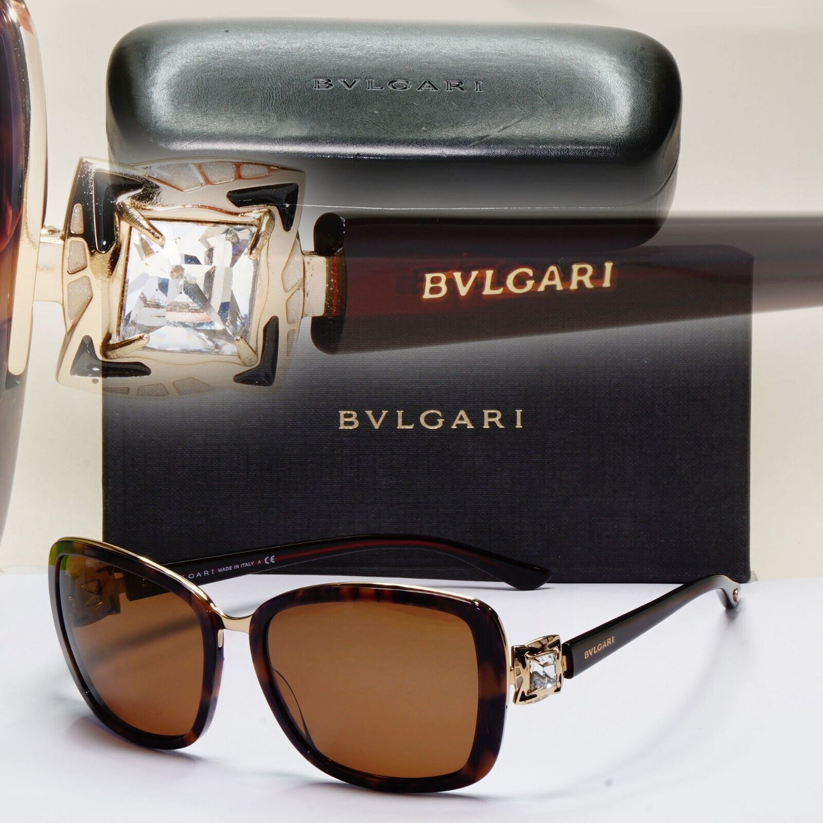 Bvlgari Sunglasses 2011 Vintage Brown Gold Crystal Square 6060-B 325/13 041124