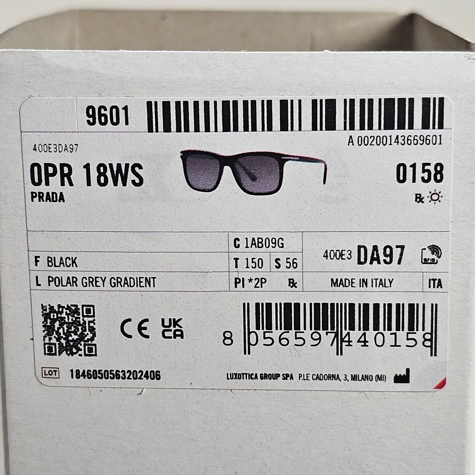 Prada Sunglasses Black Grey Polarized Glass Lens Square PR18WS SPR 18W 1AB-09G