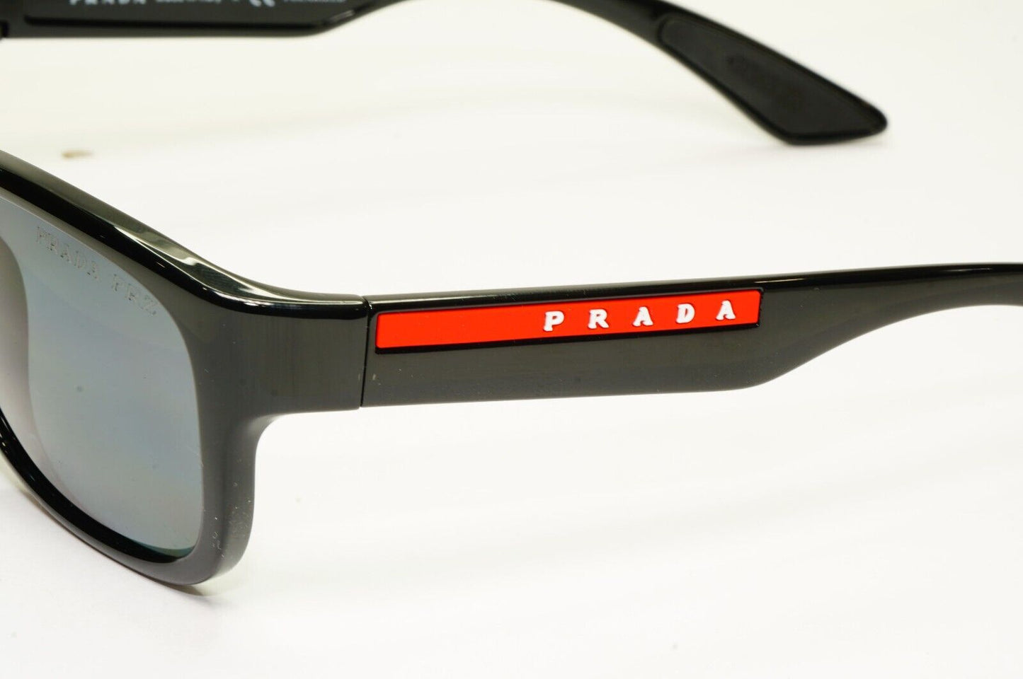Prada Polarized Black Grey Sunglasses Square Mens Red Stripe SPS 05V 1AB-02G [A]