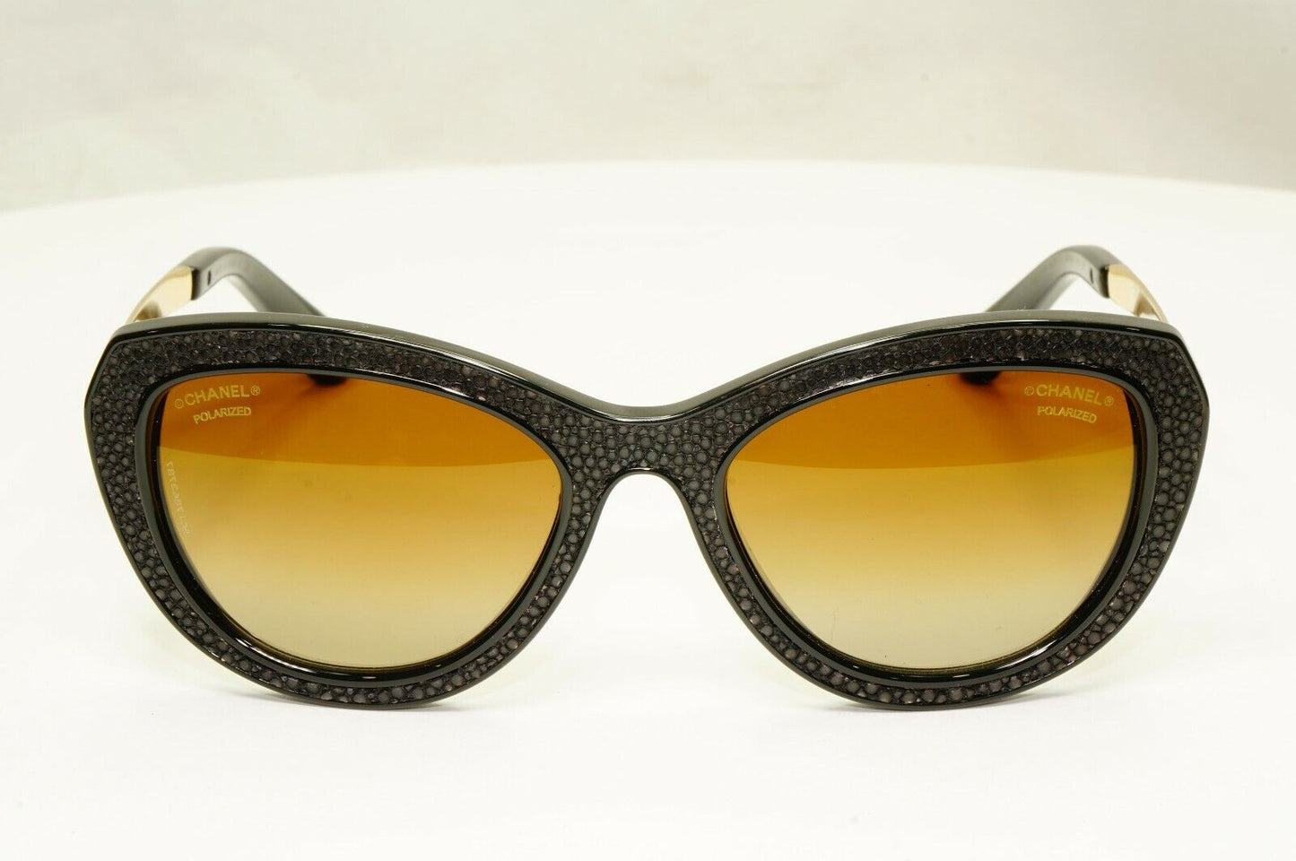 Chanel Stingray Leather Sunglasses Polarized Black Gold Brown 6046-Q 622/S9