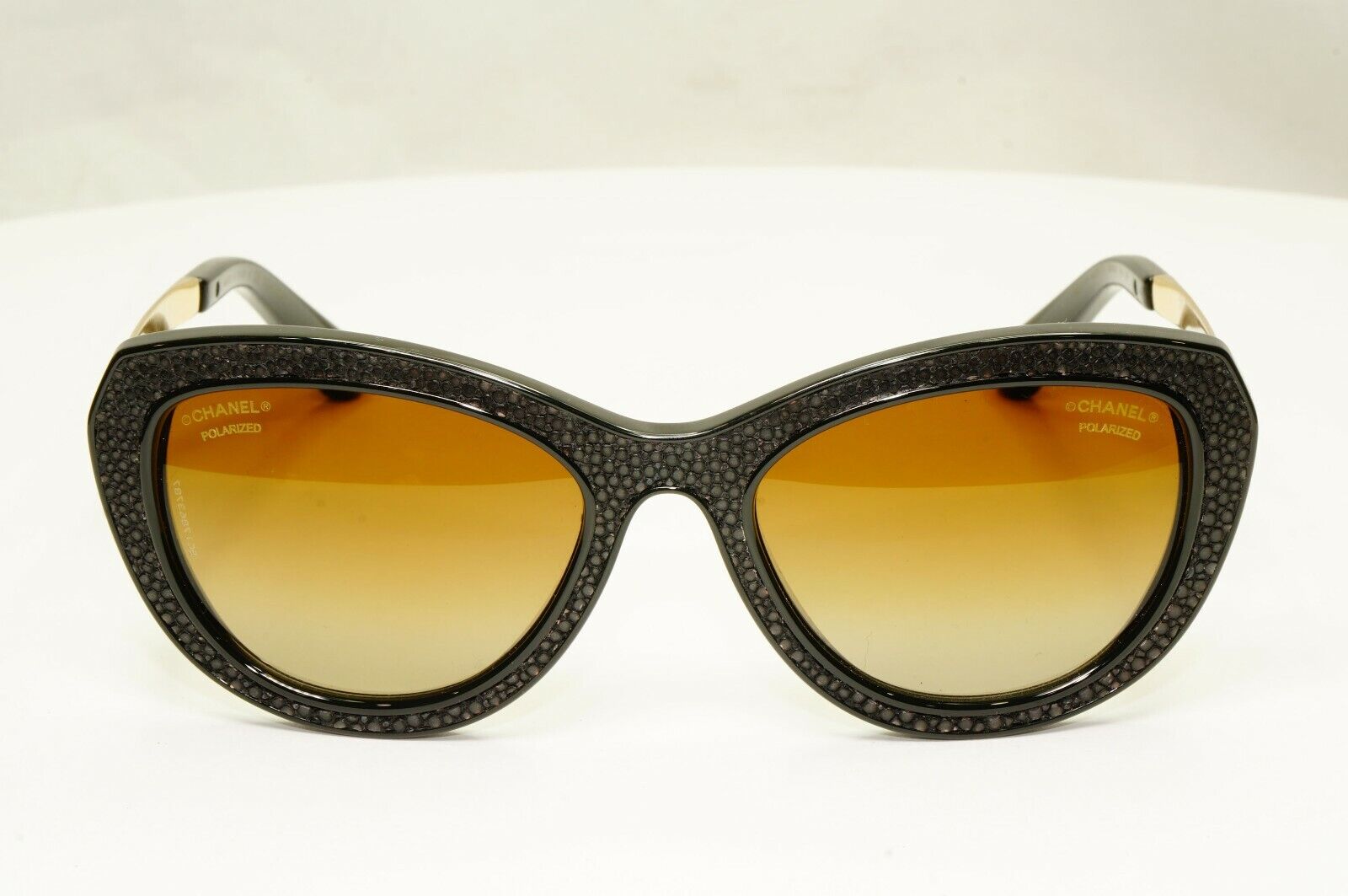 Chanel Stingray Leather Sunglasses Polarized Black Gold Brown 6046-Q 622/S9
