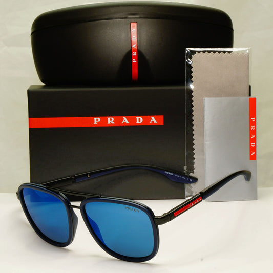Prada Blue Mirror Sunglasses Pilot Mens Black Large SPS 50X PS50XS 02P-04I