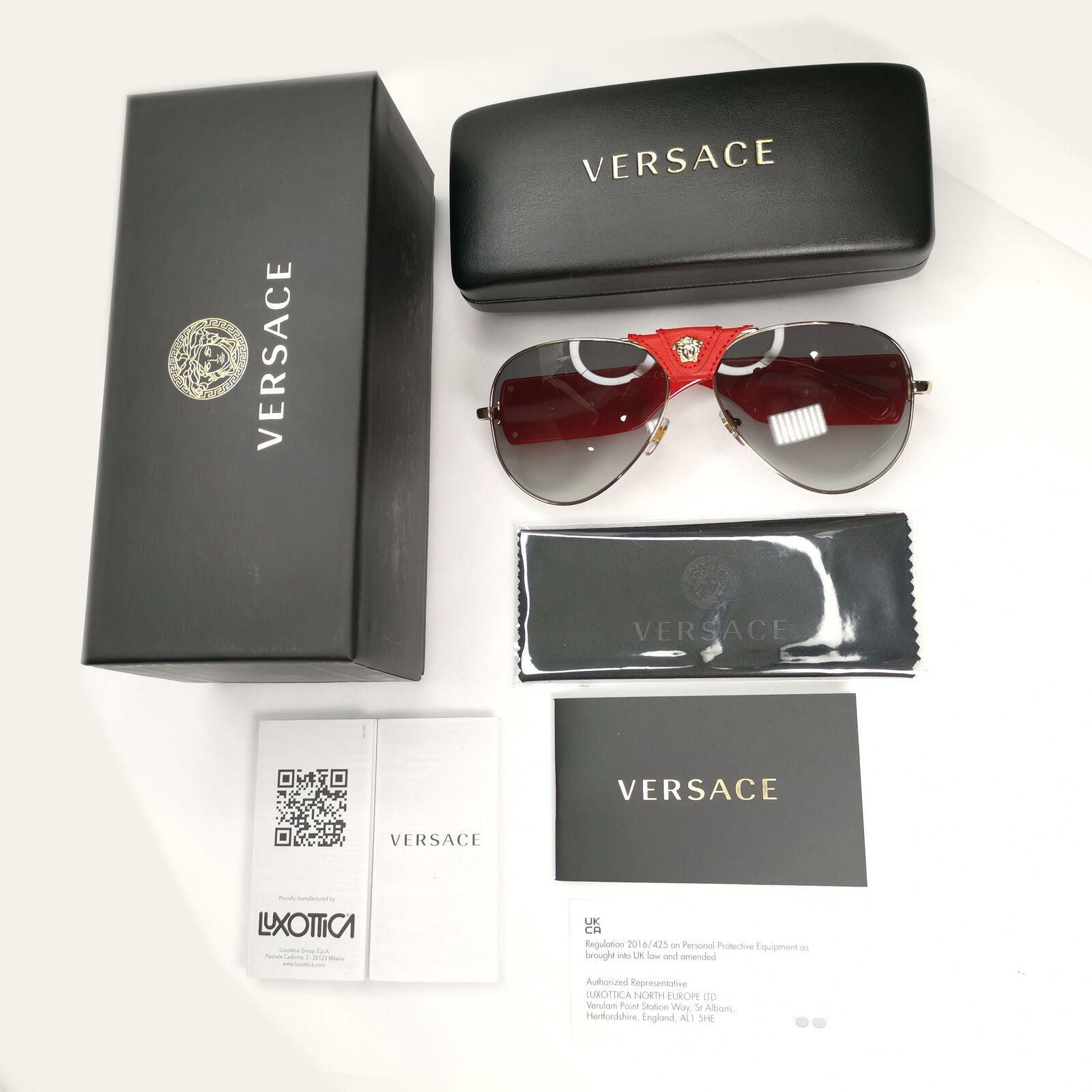 Versace Sunglasses Red Gold Grey Gradient Medusa Pilot MOD VE 2150-Q 1002/11 VV