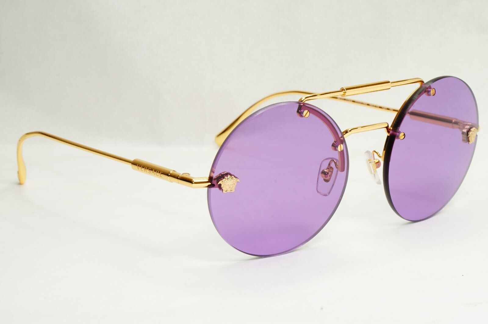 Versace Sunglasses Gold Round Rimless Medusa Violet MOD VE 2244 1002/69 56mm