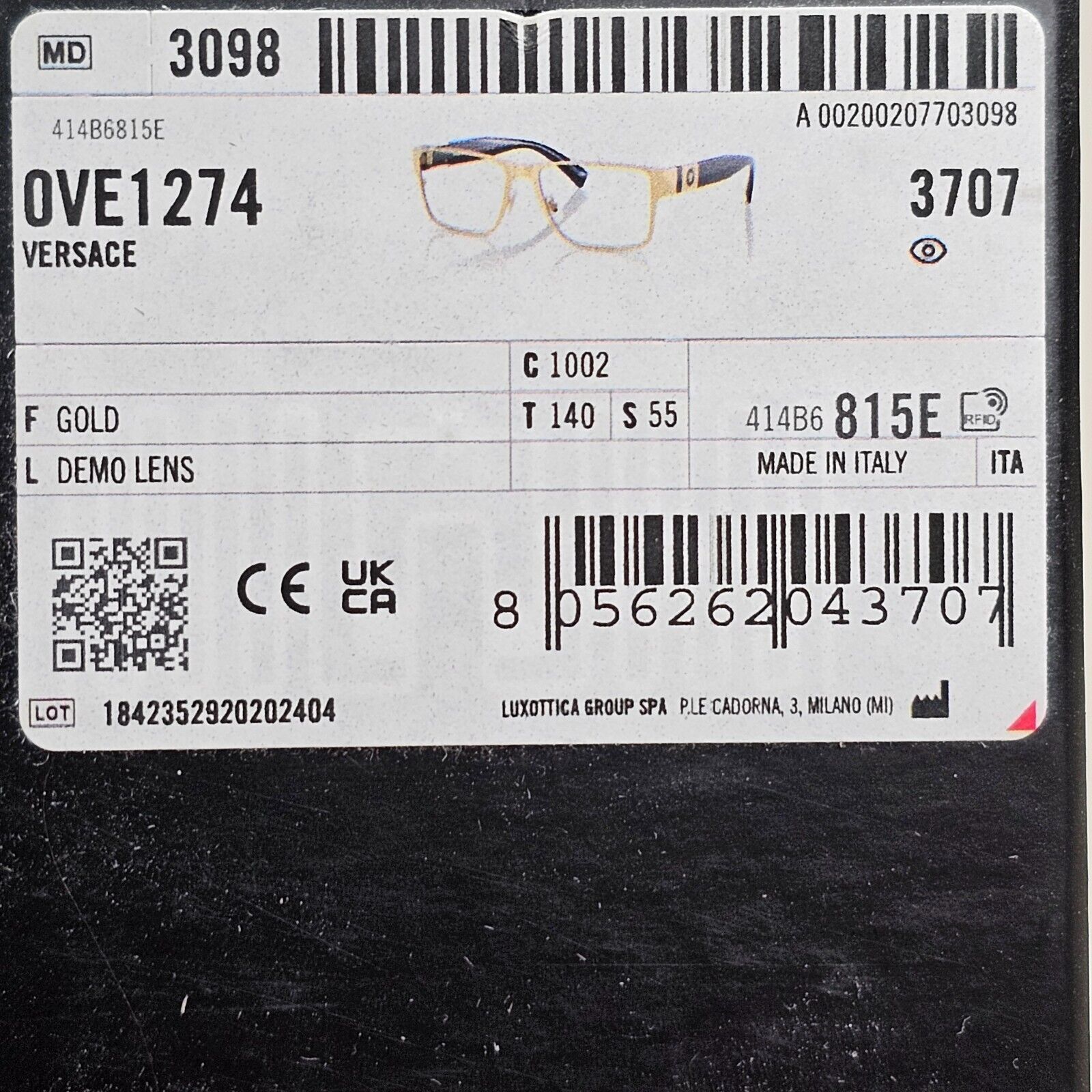 Versace Sunglasses Gold Black Glossy Square Medusa MOD VE 1274 1002 55mm
