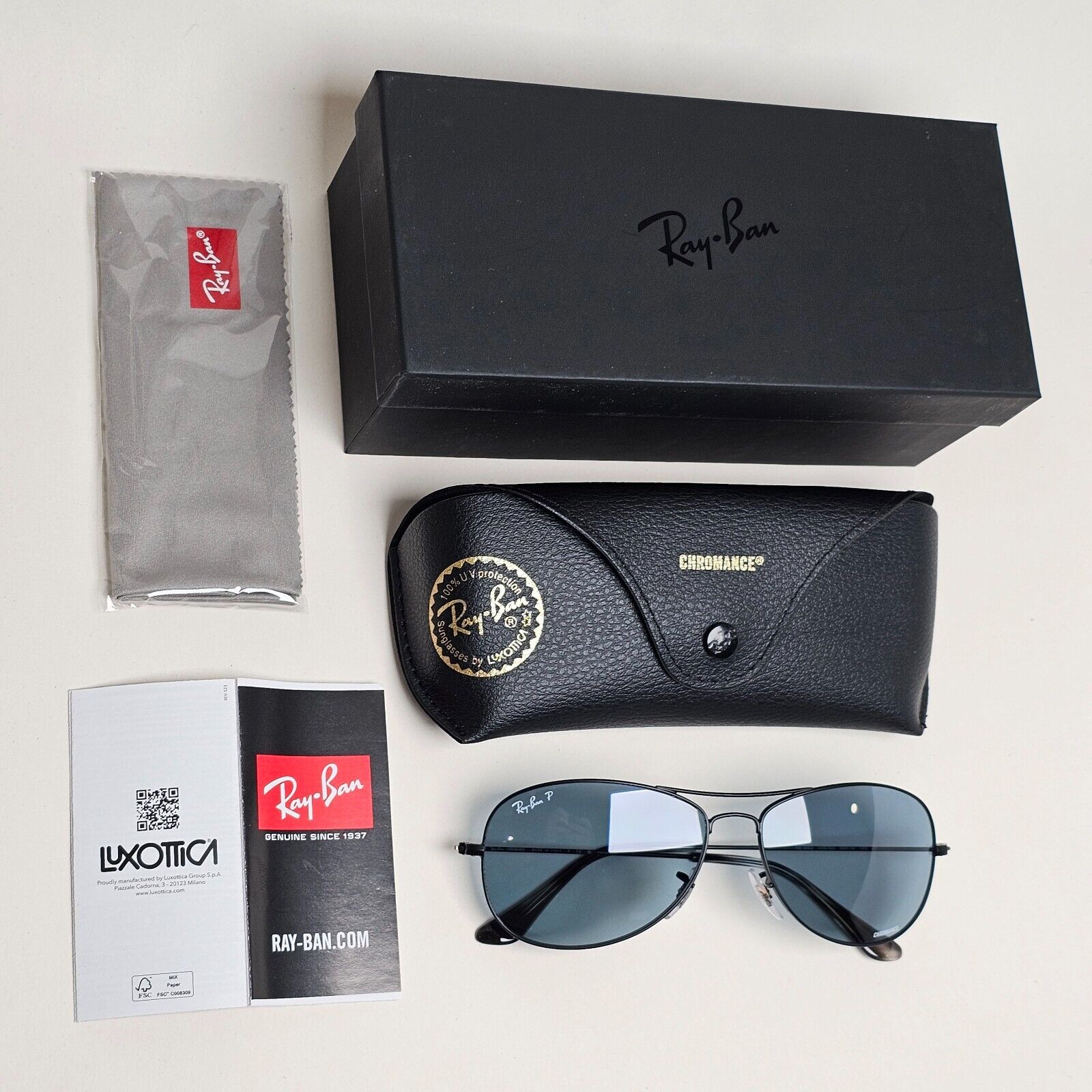 Ray-Ban Sunglasses Polarized Chromance Black Blue Pilot RB 3562 006/BA 59mm
