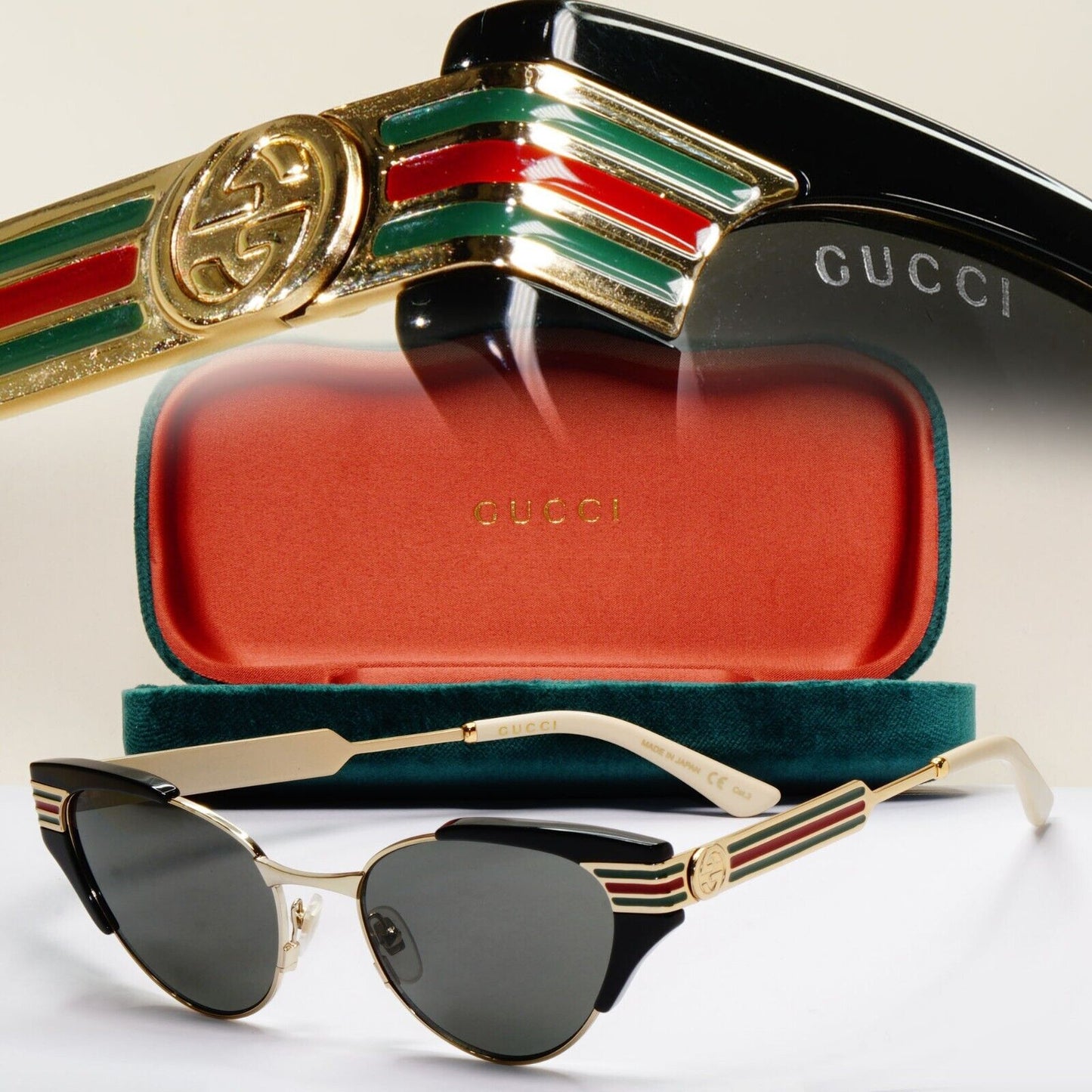 Gucci Sunglasses 2019 Square Cat Eye Gold Black Grey GG 0522S 001 55mm 081124