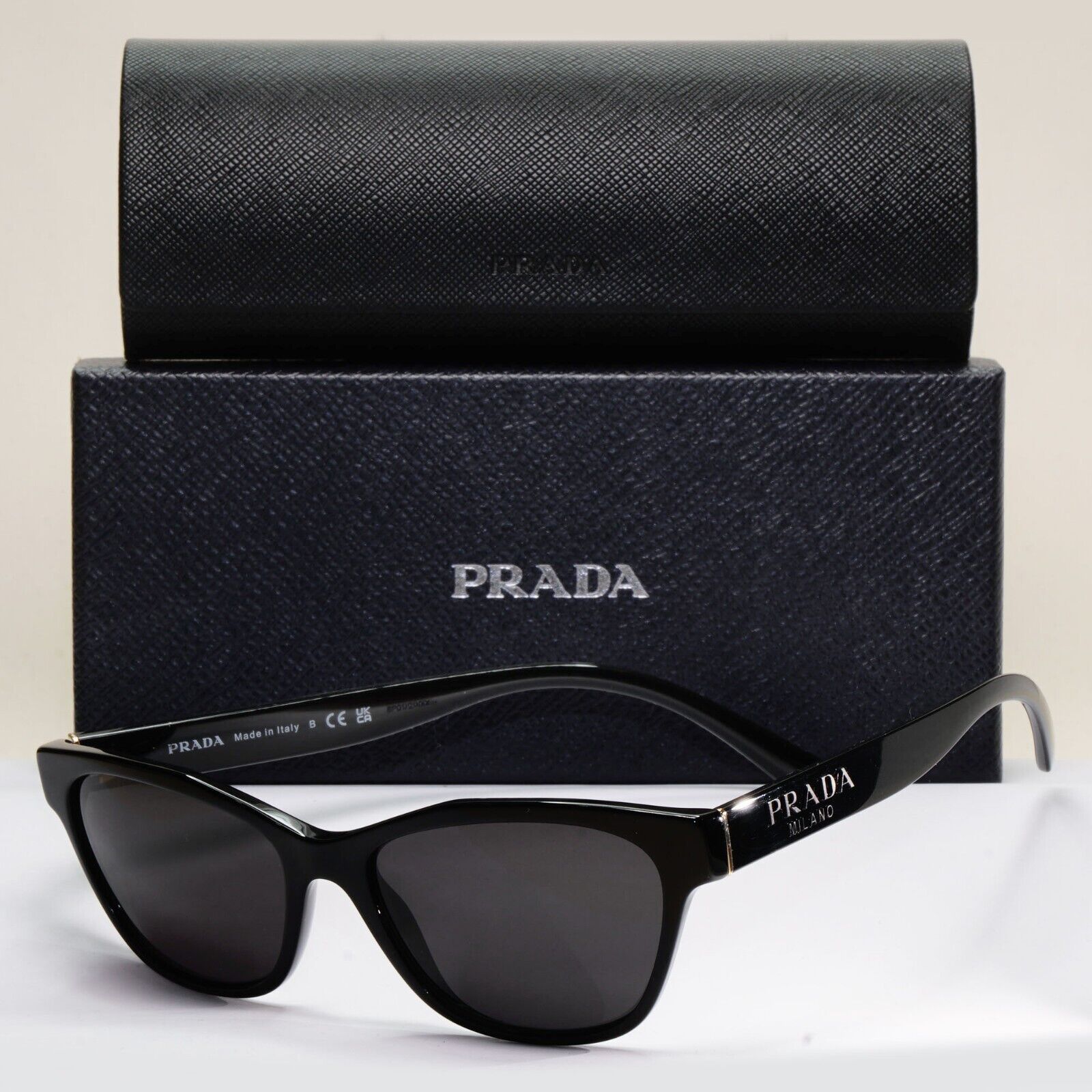 Prada Sunglasses Black Glossy Cat Eye Womens PR03WV VPR 03W 1AB-1O1 53mm