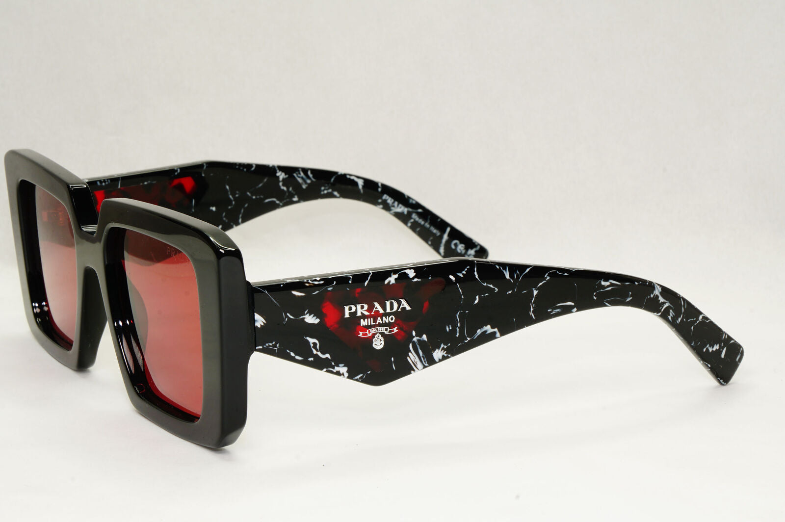 Prada Sunglasses Black Red Mirror Marble Square Triangle PR23YS SPR 23Y 1AB-06Q