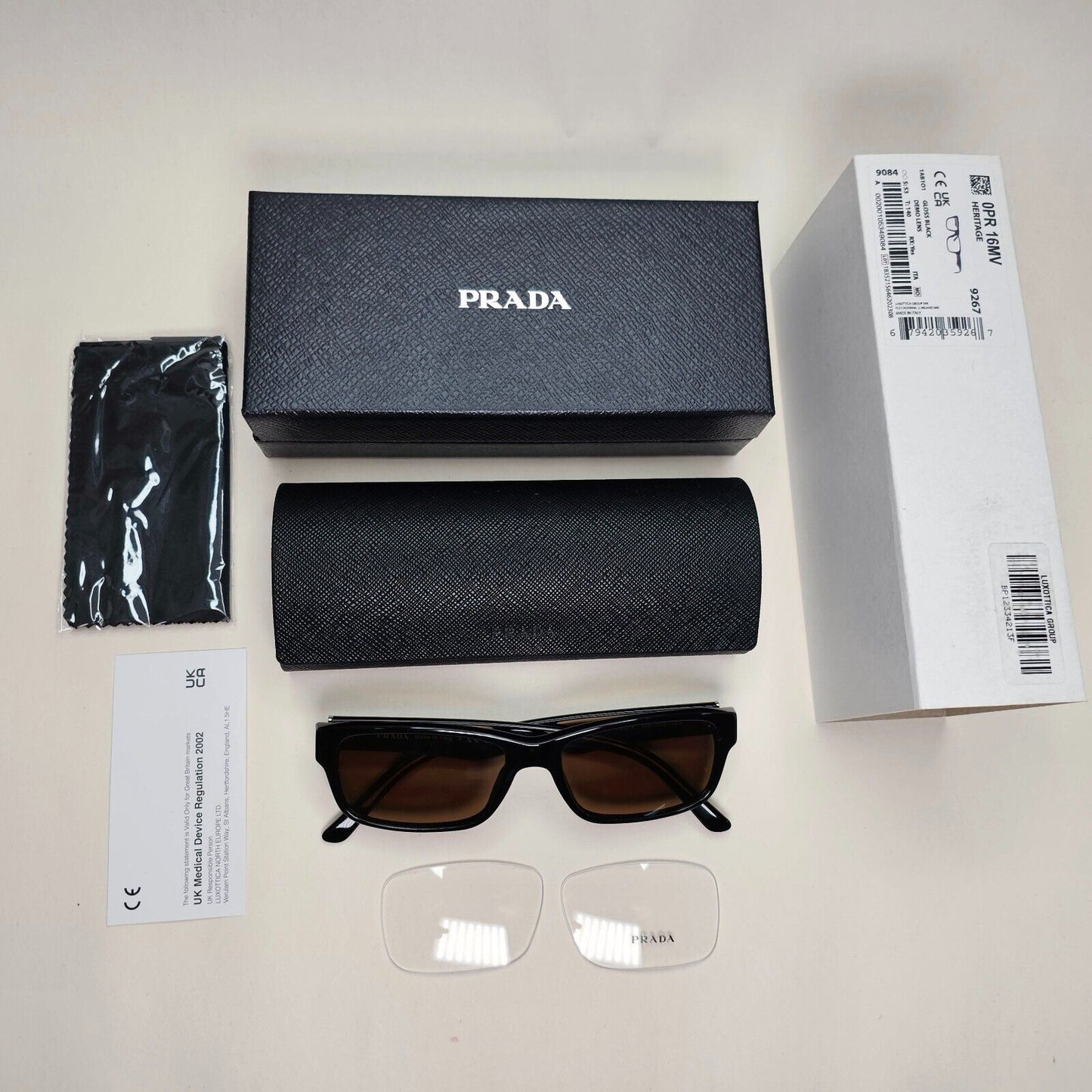 Prada Sunglasses Black Brown Glossy Rectangle Square PR16MV VPR 16M 1AB-1O1 53mm