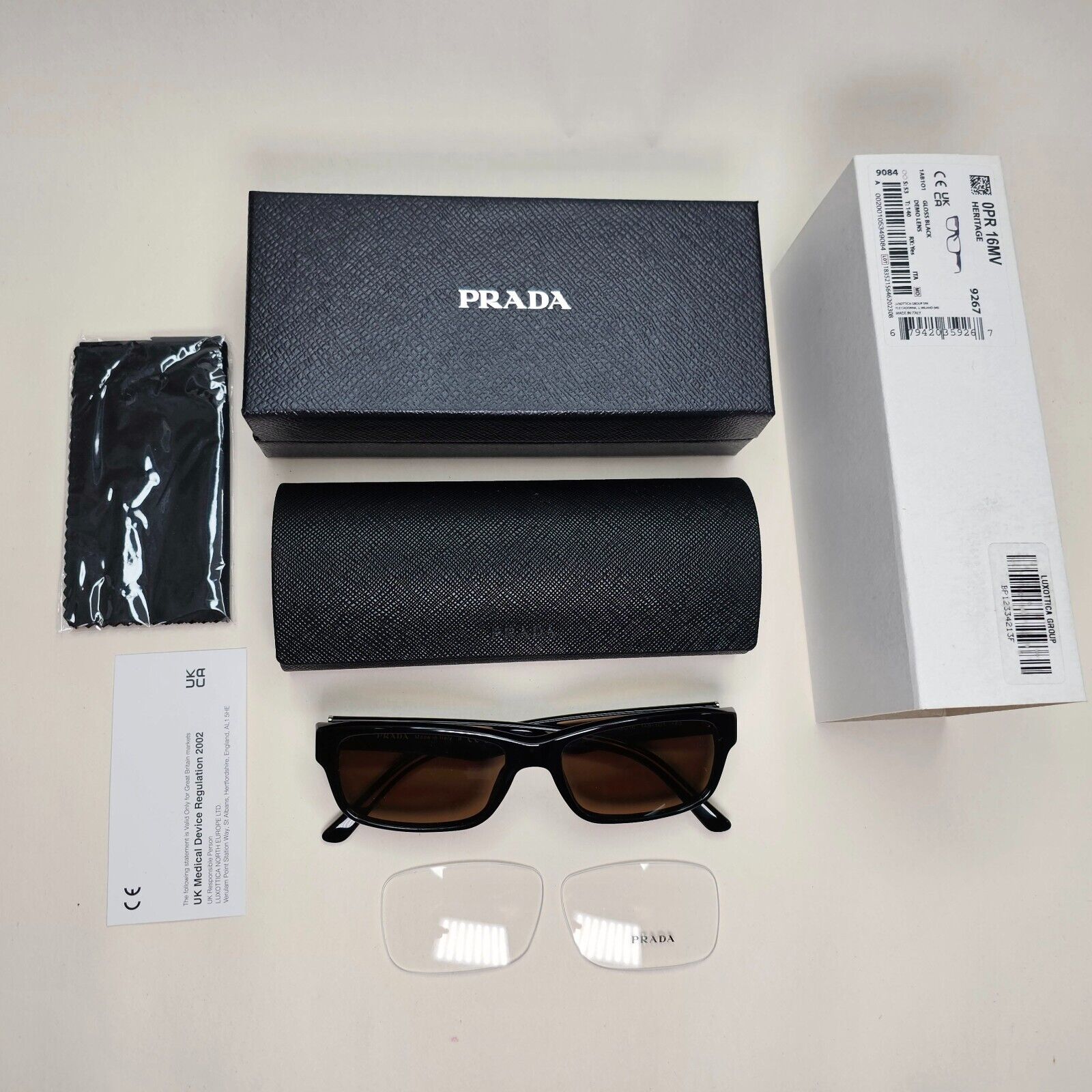 Prada Sunglasses Black Brown Glossy Rectangle Square PR16MV VPR 16M 1AB-1O1 53mm