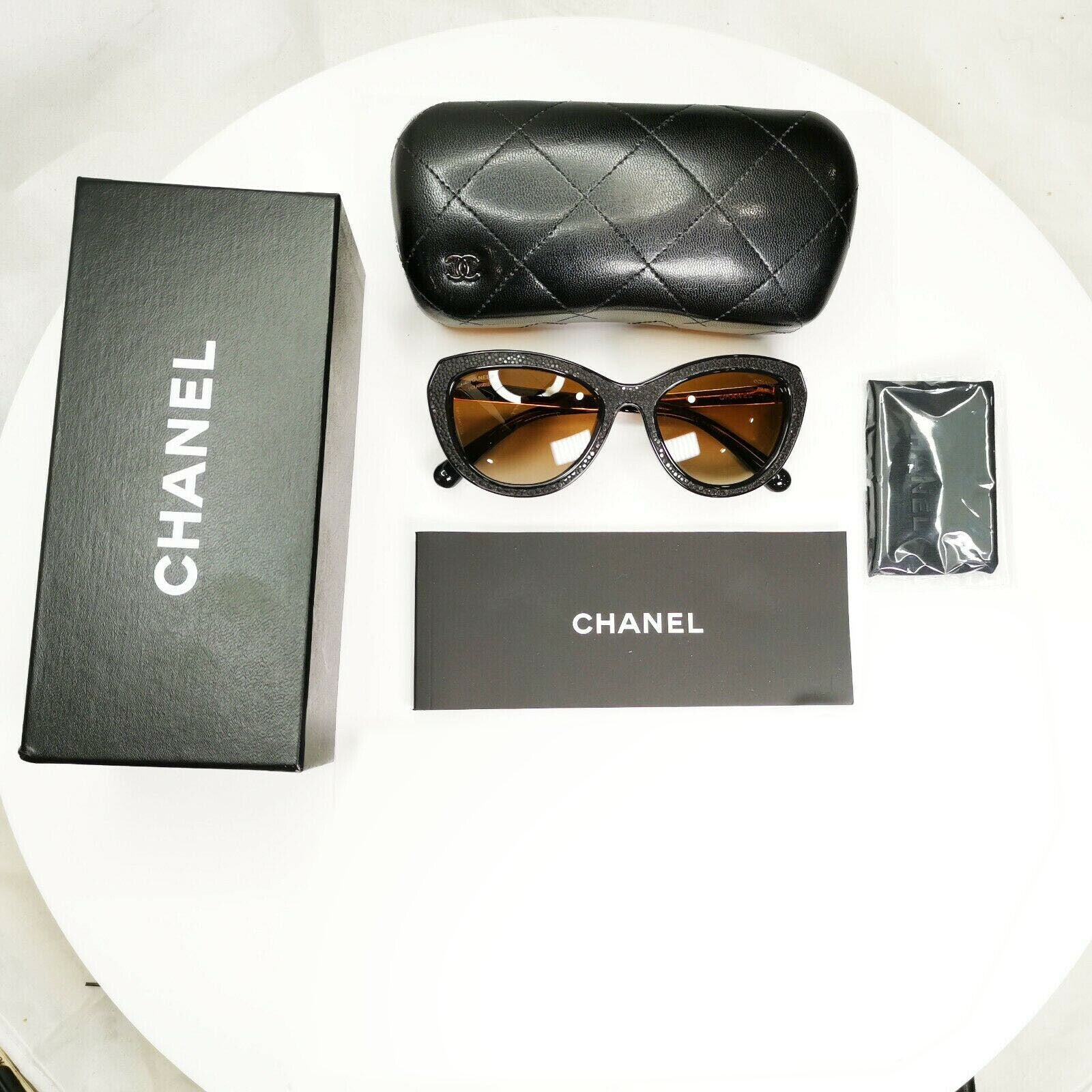 Chanel Stingray Leather Sunglasses Polarized Black Gold Brown 6046-Q 622/S9