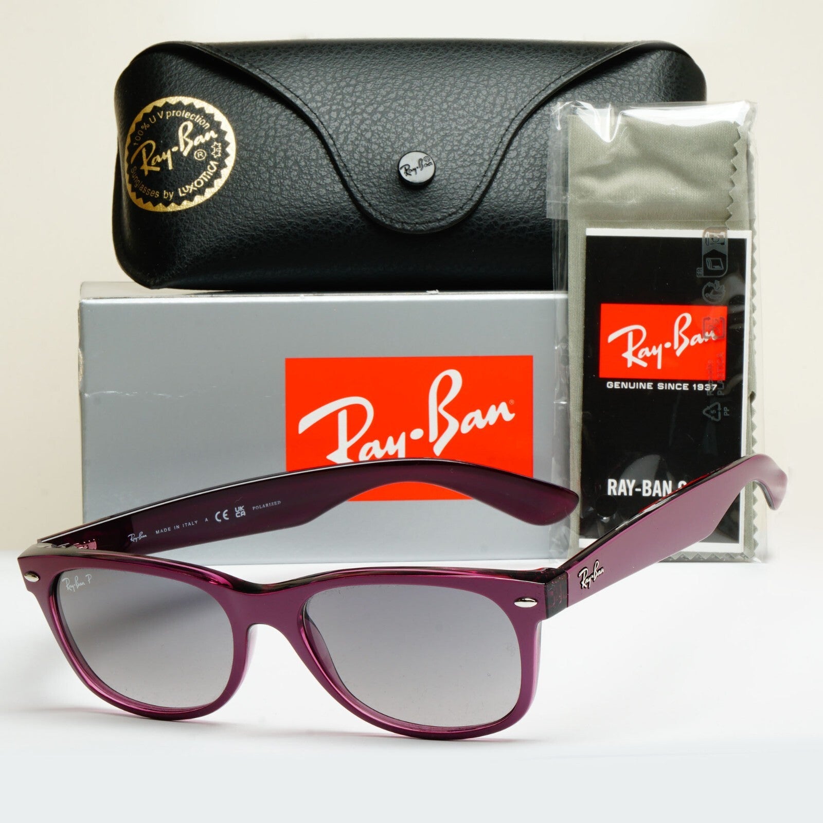 Ray-Ban Sunglasses Polarised New Wayfarer Grey Violet RB 2132 6606/M3 55mm