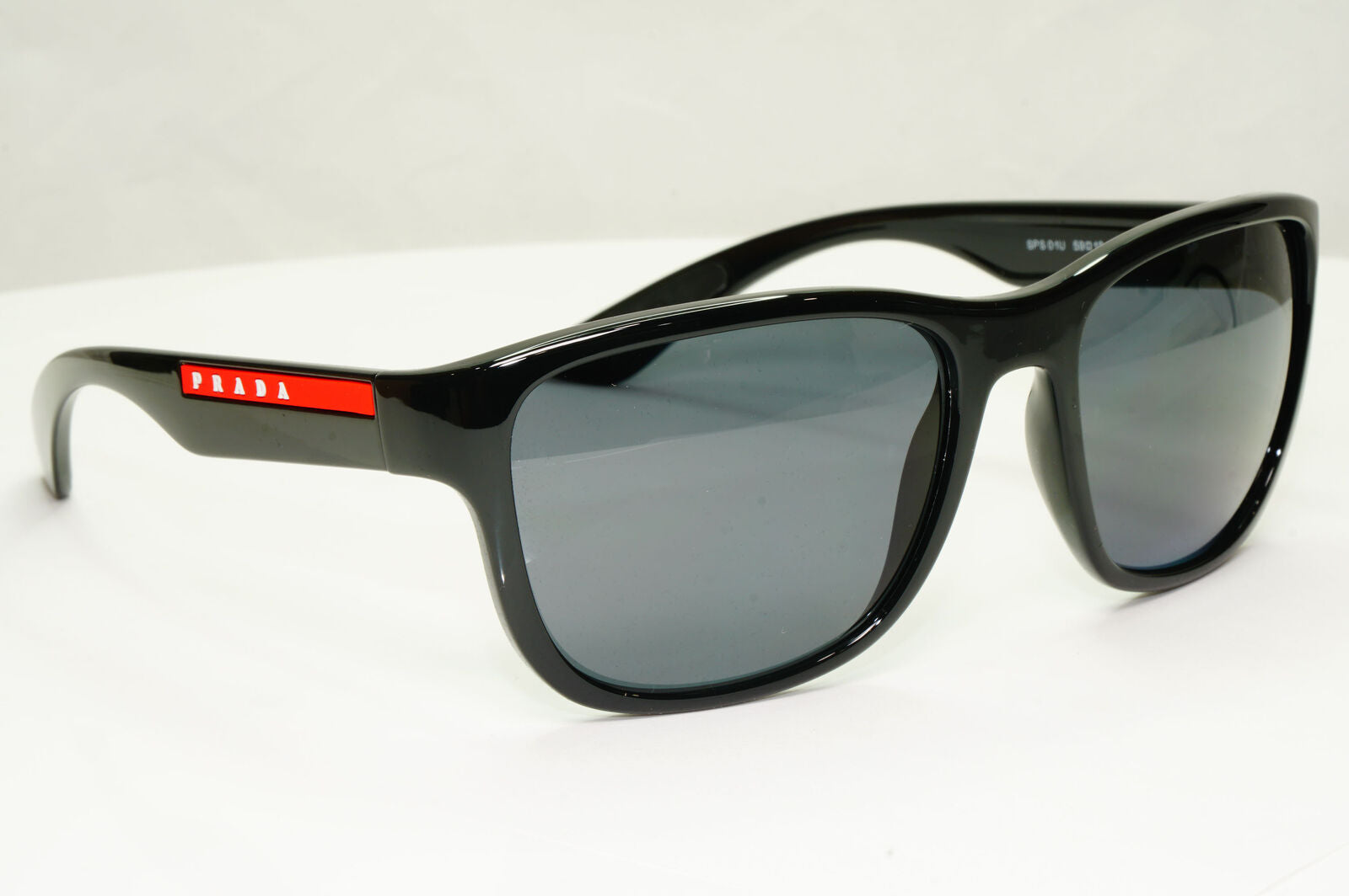 Prada Polarised Black Sunglasses Square Red Stripe PS01US SPS 01U 1AB-5Z1 59mm