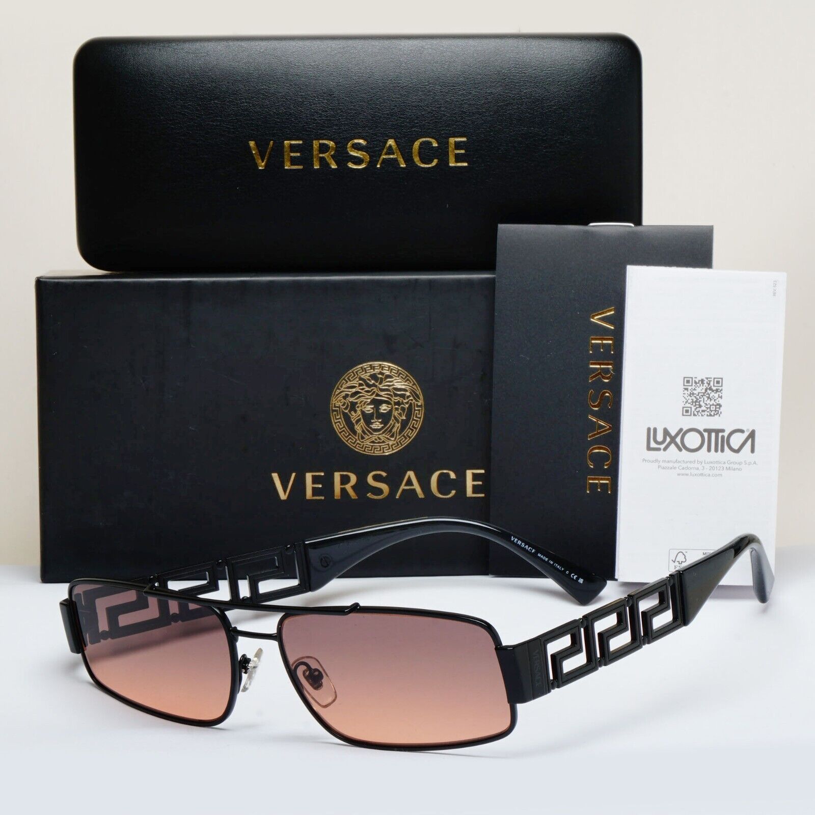 Versace Sunglasses Black Meander Brown Gradient Rectangle Metal MOD 2257 1261/18