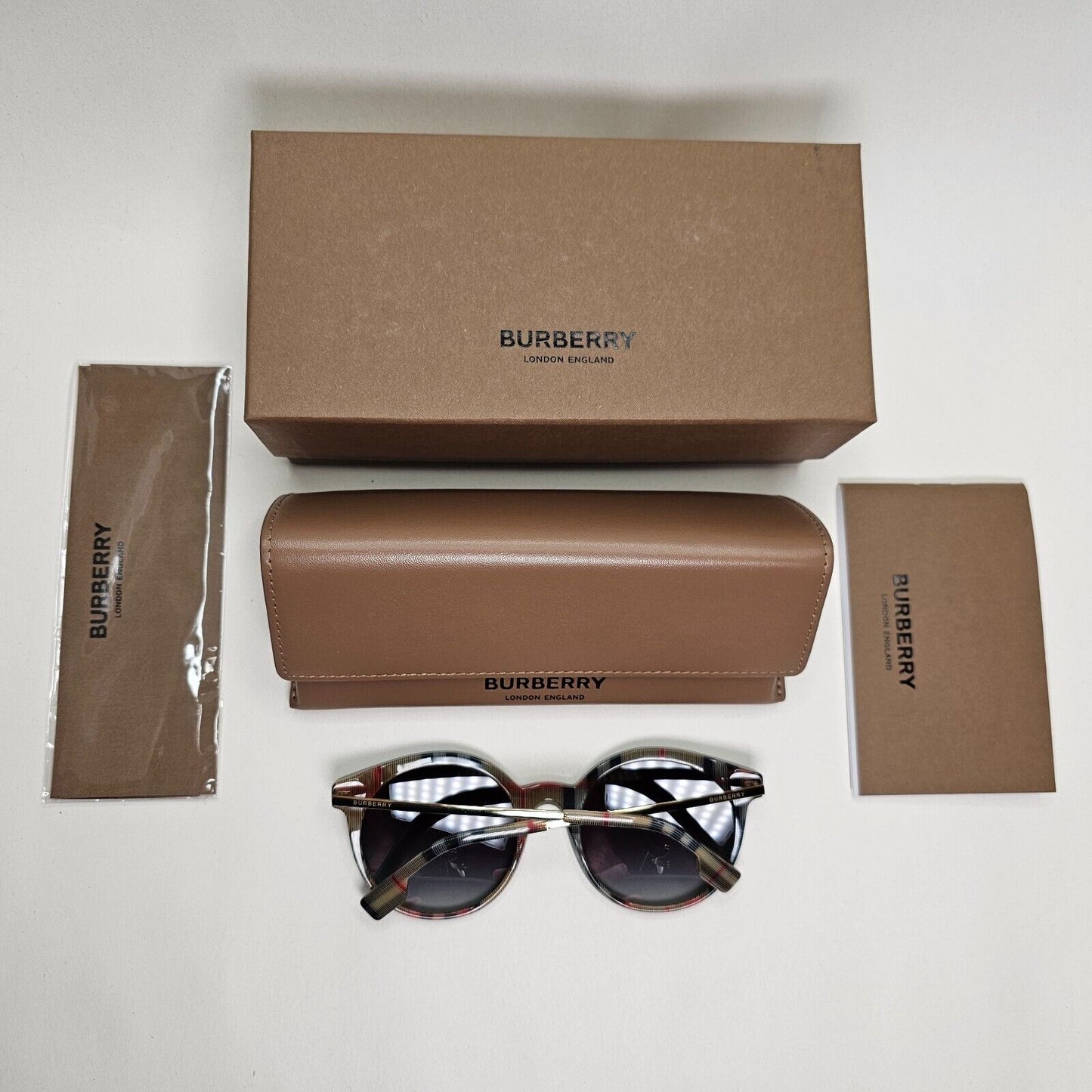 Burberry Sunglasses Black Gold Grey Gradient Round Plaid Check BE 4296 3806/8G