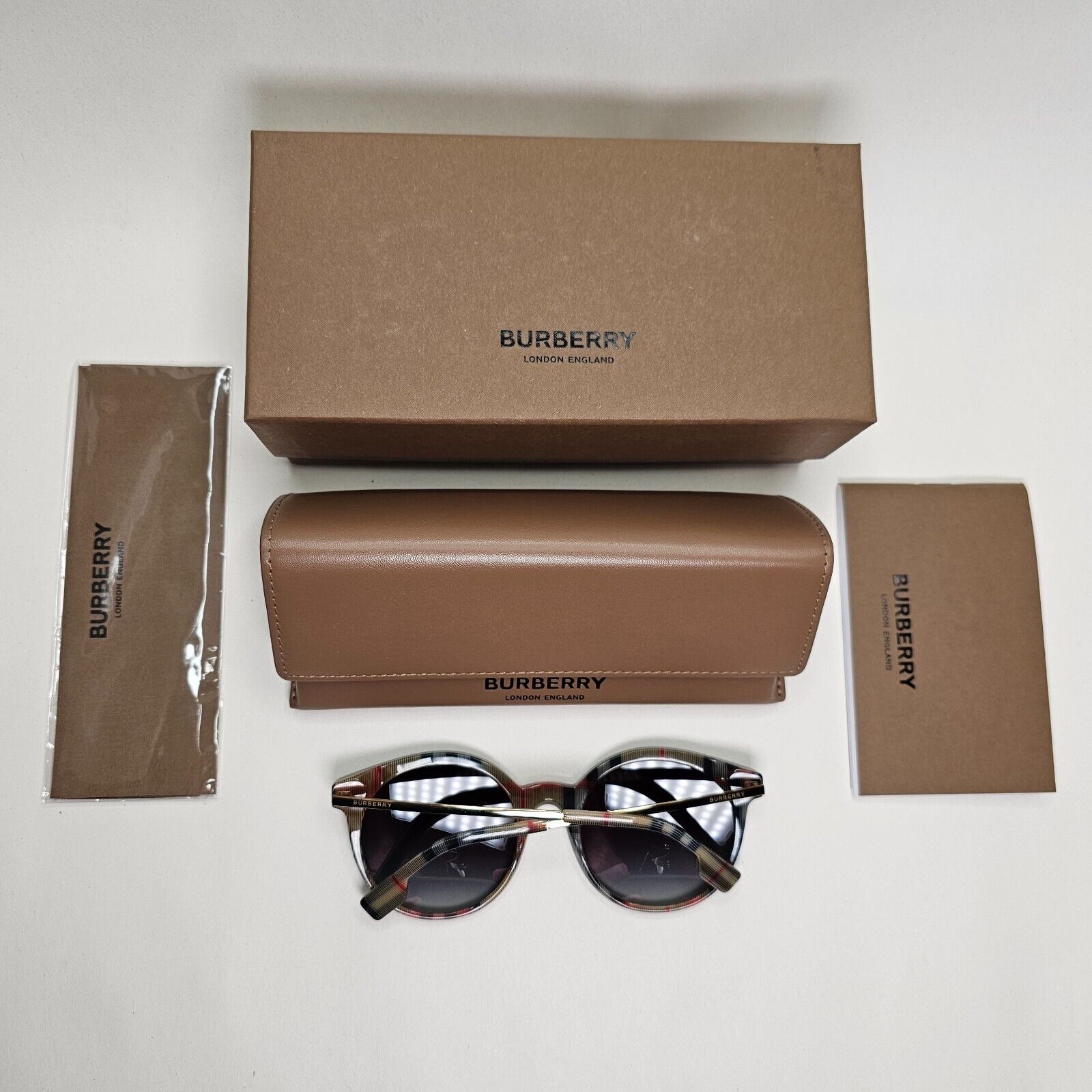 Burberry Sunglasses Black Gold Grey Gradient Round Plaid Check BE 4296 3806/8G