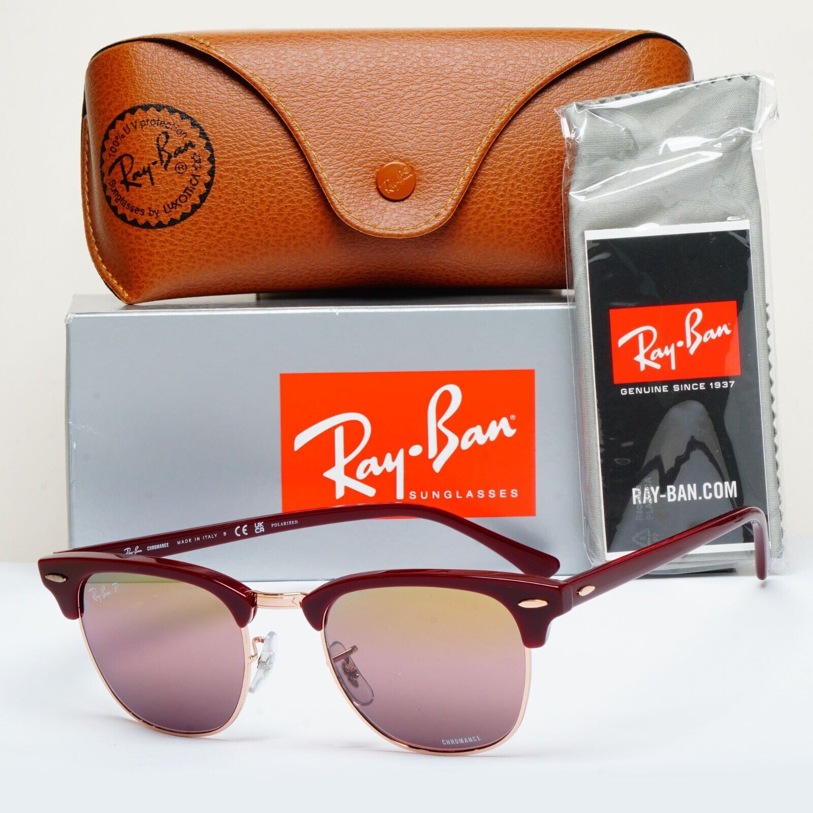 Ray-Ban Sunglasses Clubmaster Polarised Chromance Bordeaux RB 3016 1365/G9 49mm