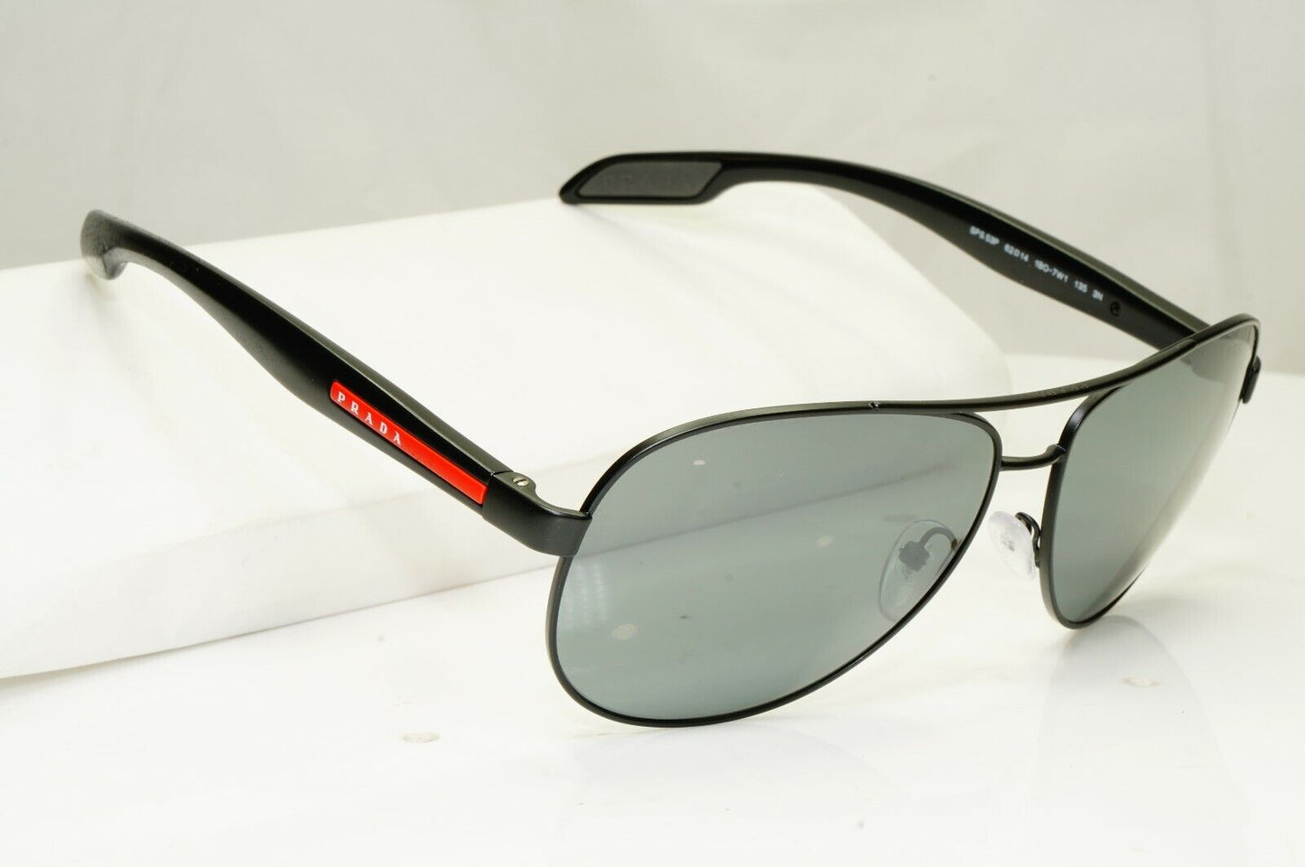 Prada Black Grey Mirror Pilot Sunglasses Mens SPS 53P 1BO-7W1 Red Stripe Sport