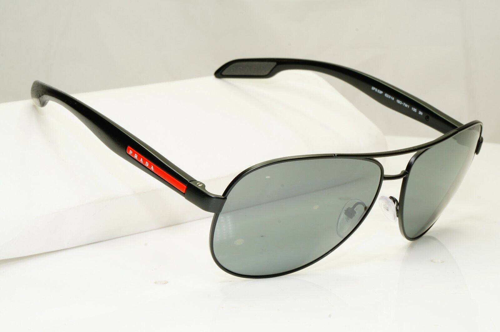 Prada Black Grey Mirror Pilot Sunglasses Mens SPS 53P 1BO-7W1 Red Stripe Sport