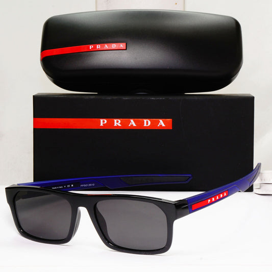 Prada Sunglasses Black Blue Square Red Stripe PS08OV VPS 08O 15C-1O1 57mm